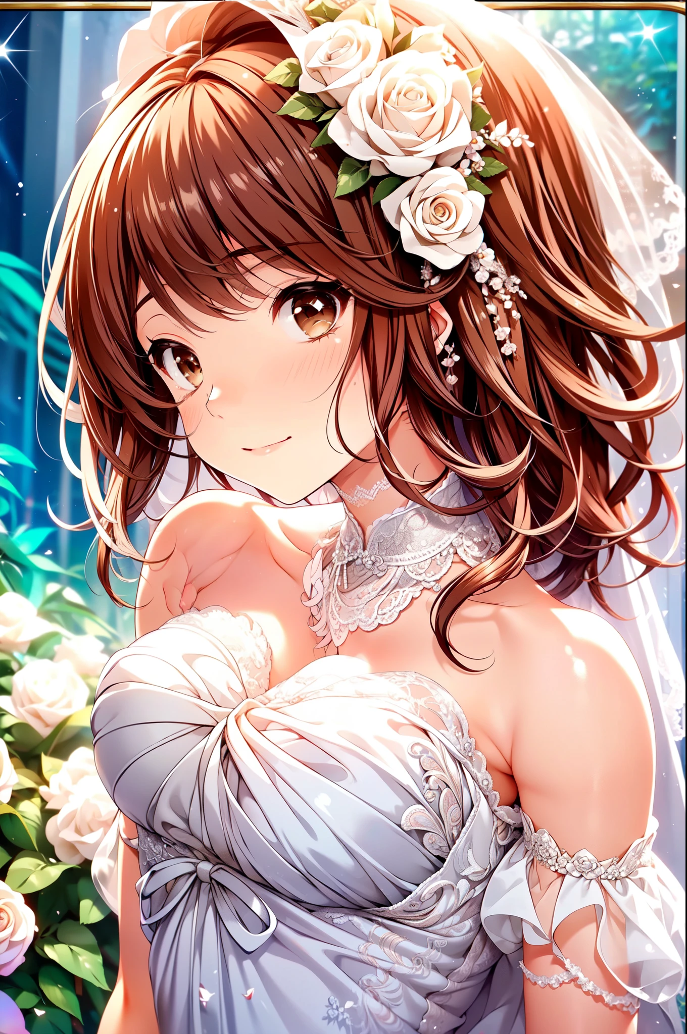 shiina kokomi, (masterpiece, Highest quality, beautifully、aesthetic:1.3), 1girl,alone, college age, (cute smile:1.1), (Silvery brown hair with reddish brown streaks:1.4), (Gradient brown hair tip:1.6), hair, Ridiculously medium hair, Single Side Lock, Wavy Hair, Shiny Hair, Floating Hair, (Deep brown eyes), Delicate eyes, Brown eyes, Very fine eye, Long upper eyelashes, compensate, Focus on the face, Very detailed facial, Pretty face, Perfect breasts, Hot body, (Delicate skin texture:1.2), Bridal Veil, lace trim dress, See through, Wedding dress, Outdoor, White Rose, garden, morning, Are standing, Very detailed,