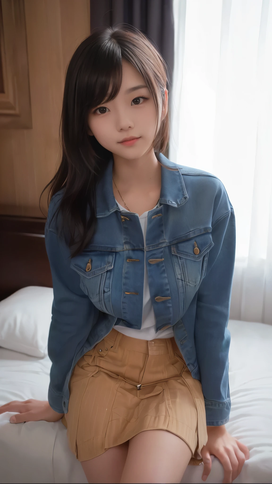 1 Nogizaka Musume, Very cute, a beauty girl, 18year old, Beautiful face, eyes and skin with exquisite detail, Detailed black hair, Smile at the camera, cowboy  shot, the way from school to home, profetional lighting, BREAK, (realisitic, Photorealsitic:1.37), 8K, (​masterpiece), (top-quality:1.4), (超A high resolution:1.2), (Raw photography:1.2)、(super detailed beautiful cloths)、perfect anatomia、4fingers and 1thumb、hyper detailed background、(Wallpapers by Unity 8K)、NSFW、A smile、Rear