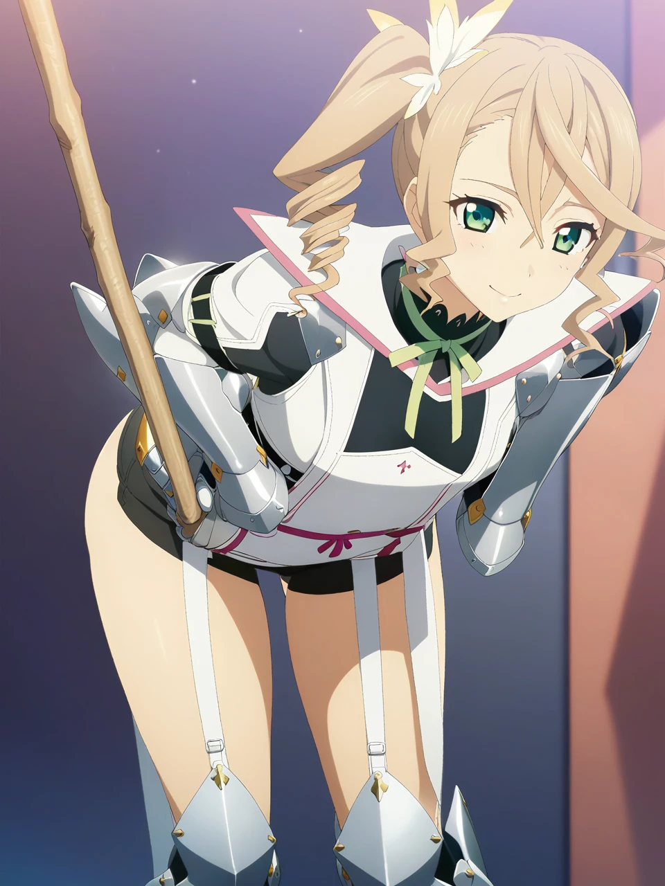 NSFW:1.5,adarmor, Blonde, Side Ponytail, Green Eyes, armor, Neck ribbon, Black shorts, Garter Straps, Gauntlet, gloves, Greaves, One girl, chest wall, Game CG, Anime screenshots, Official Art, masterpiece, Highest quality,A captivating smile,small breasts,stand,((stick out ass:1.3)),(leaning forward:1.3), (hands on knees:1.3)