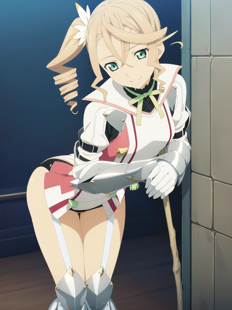 NSFW:1.5,adarmor, Blonde, Side Ponytail, Green Eyes, armor, Neck ribbon, Black shorts, Garter Straps, Gauntlet, gloves, Greaves, One girl, chest wall, Game CG, Anime screenshots, Official Art, masterpiece, Highest quality,A captivating smile,small breasts,stand,((stick out ass:1.3)),(leaning forward:1.3), (hands on knees:1.3)