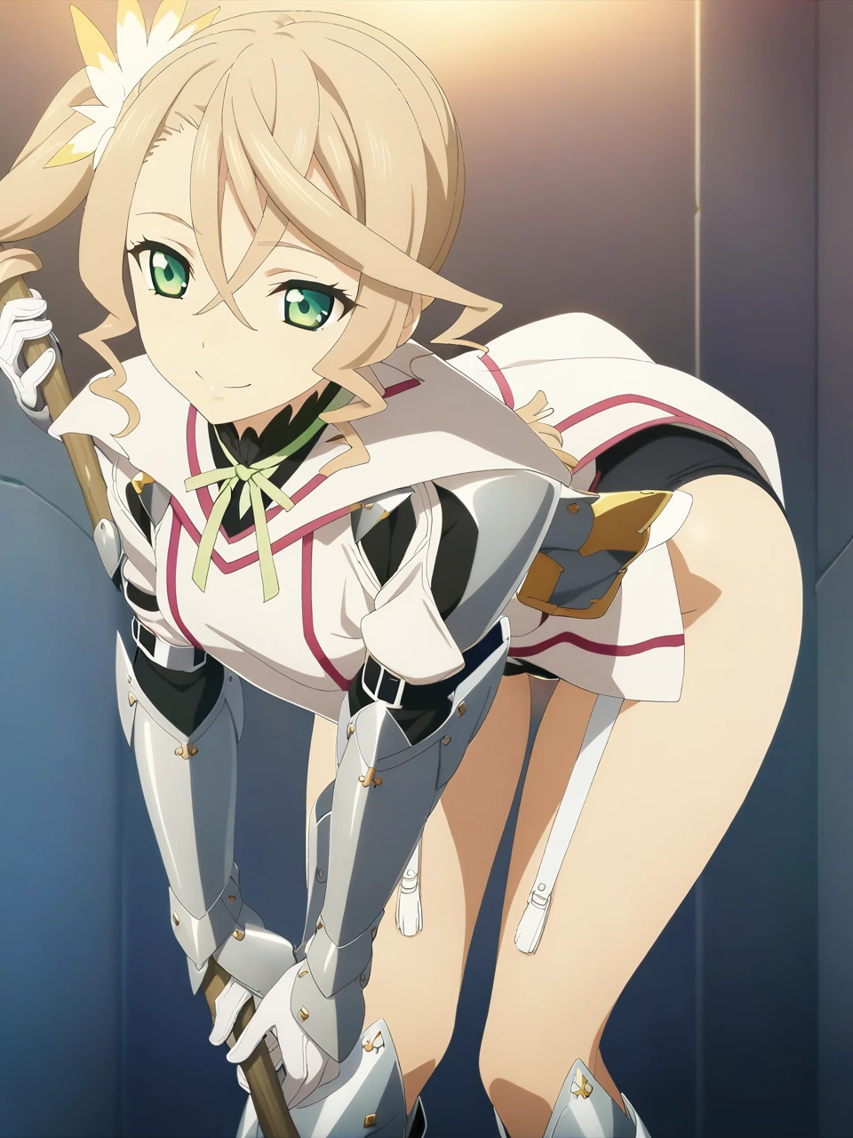 NSFW:1.5,adarmor, Blonde, Side Ponytail, Green Eyes, armor, Neck ribbon, Black shorts, Garter Straps, Gauntlet, gloves, Greaves, One girl, chest wall, Game CG, Anime screenshots, Official Art, masterpiece, Highest quality,A captivating smile,small breasts,stand,((stick out ass:1.3)),(leaning forward:1.3), (hands on knees:1.3)