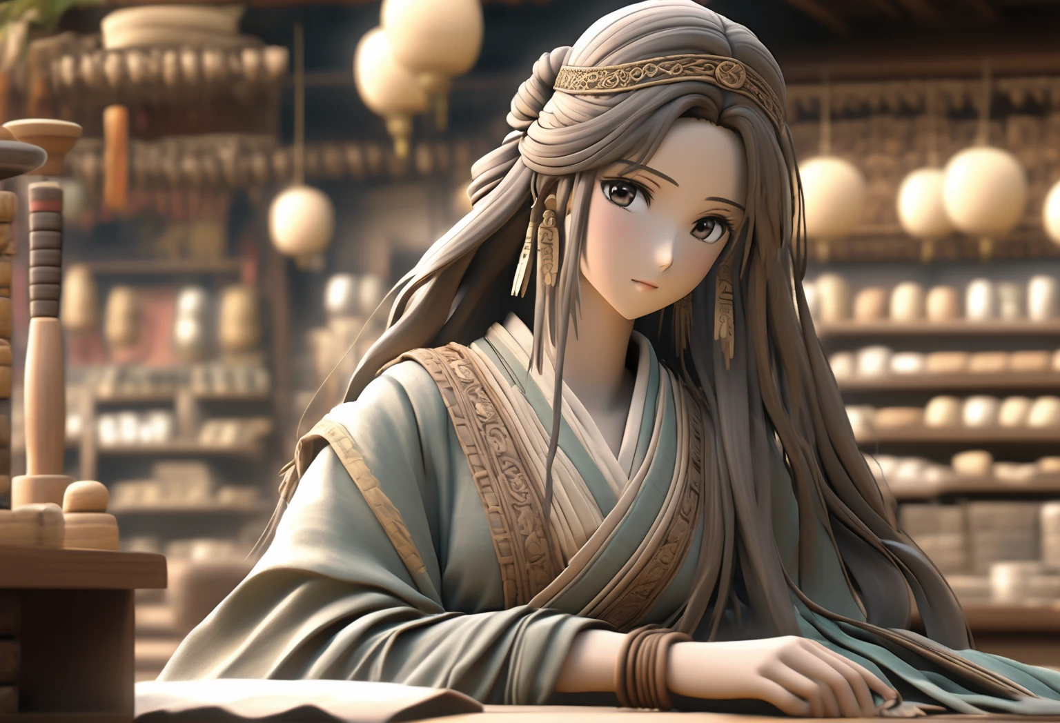 A poor womansat on a cloth store cash counter, beautifully dressed, in ancient times, 3D, realistic anime character, extremely detailed face and eyes, long flowing hair, intricate details, photorealistic, cinematic lighting, muted color palette, dramatic shadows, high quality, masterpiece, Looking at viewer, 