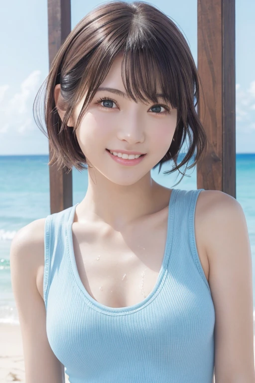 masterpiece, Highest quality, One Woman, (Light blue tank top:1.2), 20-year-old、(RAW Photos, Highest quality), (reality, Realistic:1.4), Clean look、Iris、very detailed eyes and face, Beautiful and detailed nose, beautiful eyes, Perfect Anatomy, Black short hair、Wet Hair、bangs、Natural Makeup、 Glowing Skin, (Light on the cheeks) 、Bright sunlight、A happy smile、Face Focus、Summer beach