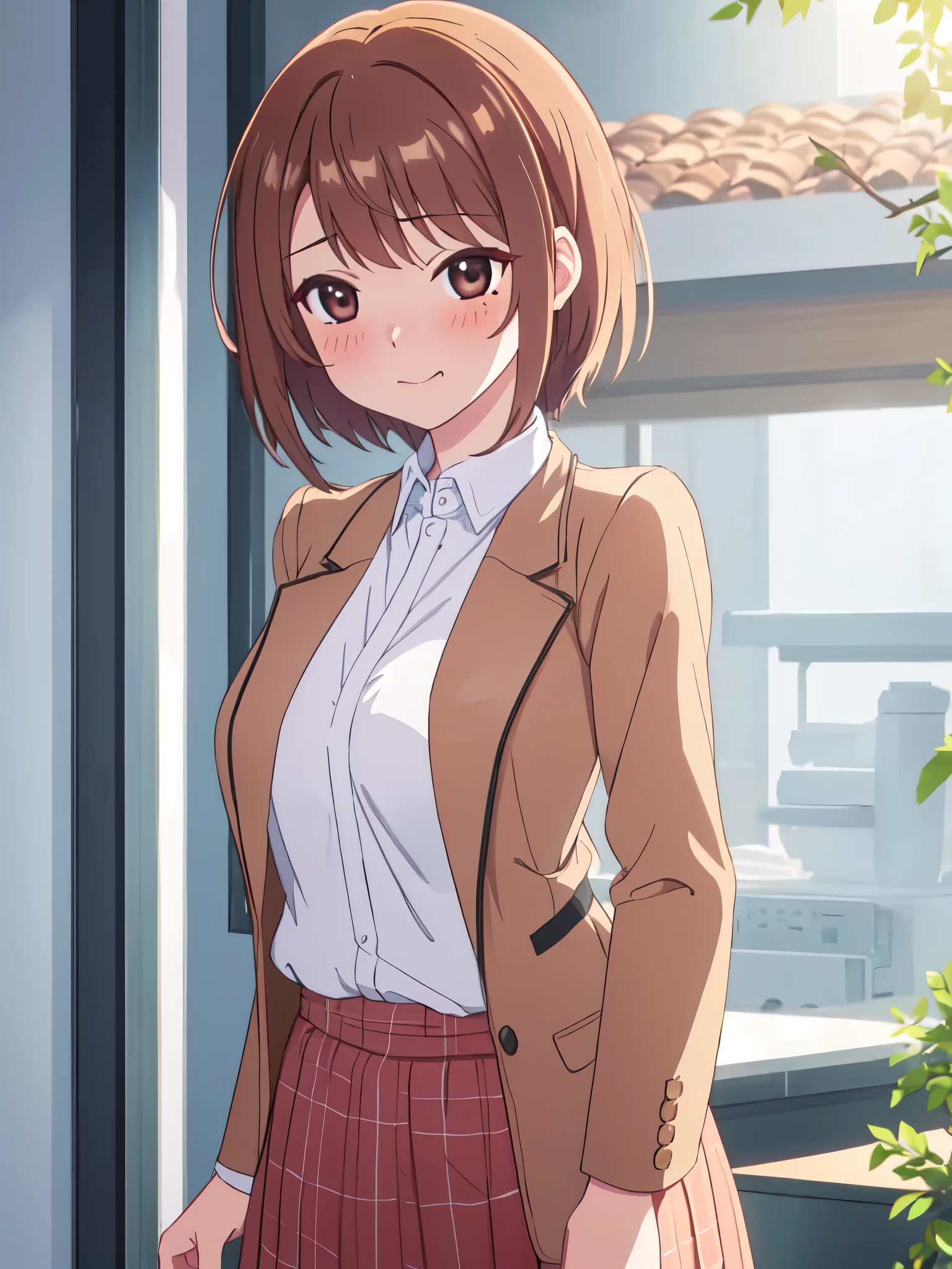 (((masterpiece、Highest quality、High resolution、High precision)、anime))、Brown Hair、Beautiful breasts、(Dynamic pose)、looking at the camera、(Beautiful detailed face、Beautiful big eyes)、((One beautiful woman))、((Embarrassed face))、Red cheeks、(((Blushing with a bitchy expression)))、Standing in the school gym、Light from below、Brown eyes、Short Hair、Small breasts、Solo portrayal、wear a waist-length brown blazer、Wear a short checked skirt、Smile and laugh、((There is a mole on the left side of the lip))、Open clothes、See-through shirt