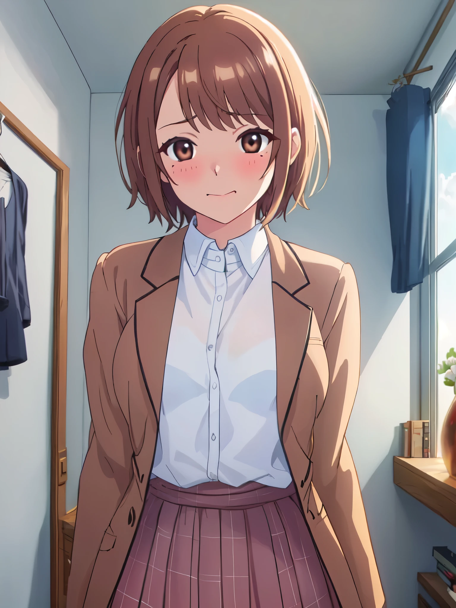 (((masterpiece、Highest quality、High resolution、High precision)、anime))、Brown Hair、Beautiful breasts、(Dynamic pose)、looking at the camera、(Beautiful detailed face、Beautiful big eyes)、((One beautiful woman))、((Embarrassed face))、Red cheeks、(((Blushing with a bitchy expression)))、Standing in the school gym、Light from below、Brown eyes、Short Hair、Small breasts、Solo portrayal、wear a waist-length brown blazer、Wear a short checked skirt、Smile and laugh、((There is a mole on the left side of the lip))、Open clothes、See-through shirt
