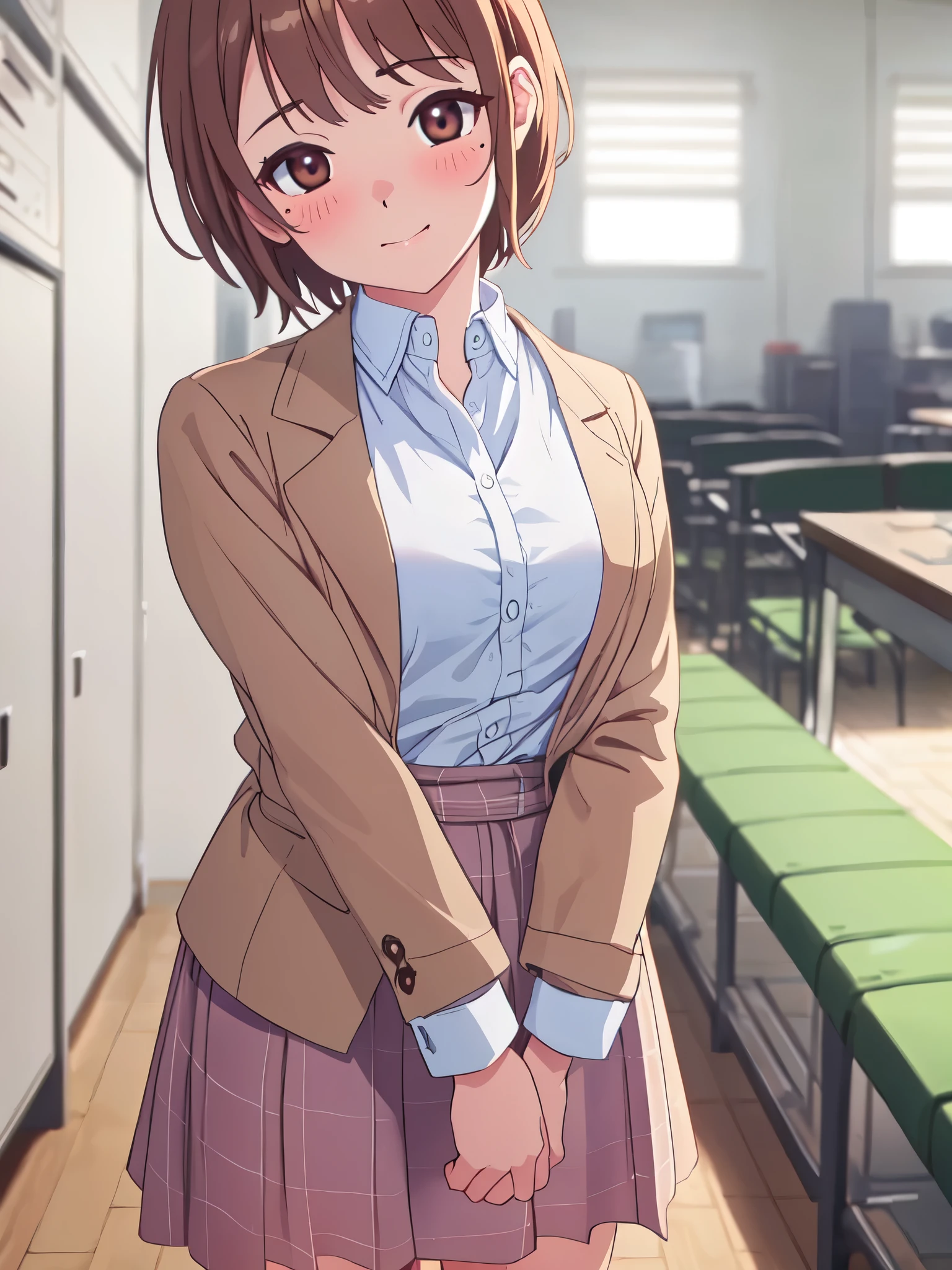 (((masterpiece、Highest quality、High resolution、High precision)、anime))、Brown Hair、Beautiful breasts、(Dynamic pose)、looking at the camera、(Beautiful detailed face、Beautiful big eyes)、((One beautiful woman))、((Embarrassed face))、Red cheeks、(((Blushing with a bitchy expression)))、Standing in the school gym、Light from below、Brown eyes、Short Hair、Small breasts、Solo portrayal、wear a waist-length brown blazer、Wear a short checked skirt、Smile and laugh、((There is a mole on the left side of the lip))、Open clothes、See-through shirt