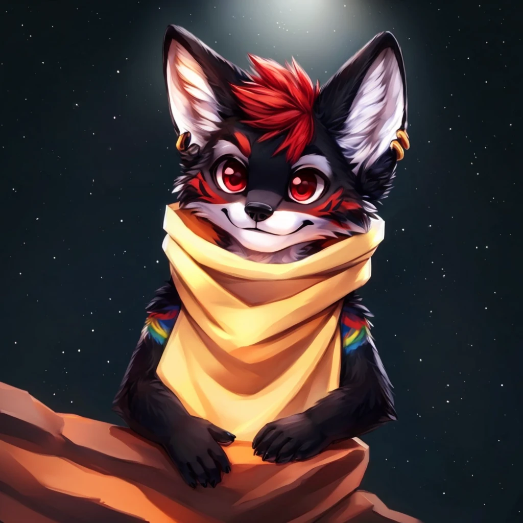 An anthropomorphic black fox, closed smile, red eyes, red short hair, rainbow colored piercing on his ear, high quality furry art, chibi style.