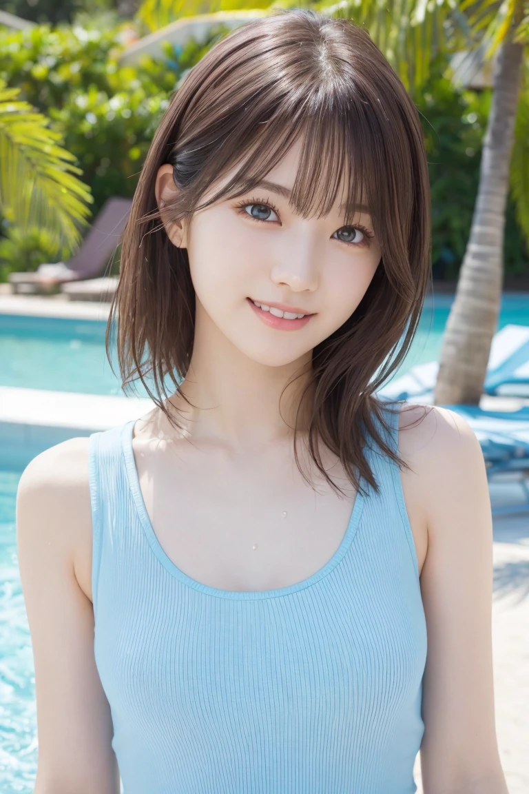 masterpiece, Highest quality, One Woman, (Light blue tank top:1.2), 20-year-old、(RAW Photos, Highest quality), (reality, Realistic:1.4), Clean look、Iris、very detailed eyes and face, Beautiful and detailed nose, beautiful eyes, Perfect Anatomy, Black short hair、Wet Hair、bangs、Natural Makeup、 Glowing Skin, (Light on the cheeks) 、Bright sunlight、A happy smile、Face Focus、Summer beach