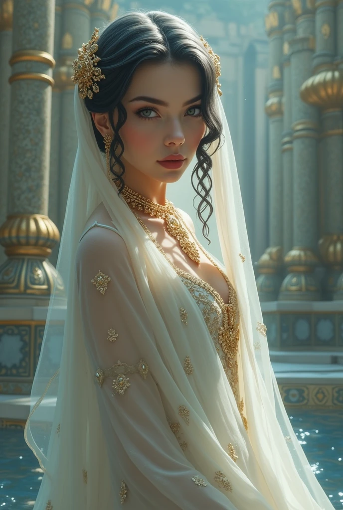 modelshoot style, (extremely detailed CG unity 8k wallpaper), full shot body photo of the most beautiful artwork in the world, (arabic princess) with armor, delicate silk clothes, arabian silk Hijab, magic, an arabic village with persian details in the background, hdr, photorealistic painting by Ed Blinkey, Atey Ghailan, Studio Ghibli, by Jeremy Mann, Greg Manchess, Antonio Moro, trending on ArtStation, trending on CGSociety, Intricate, High Detail, Sharp focus, dramatic, photorealistic painting art by midjourney and greg rutkowski