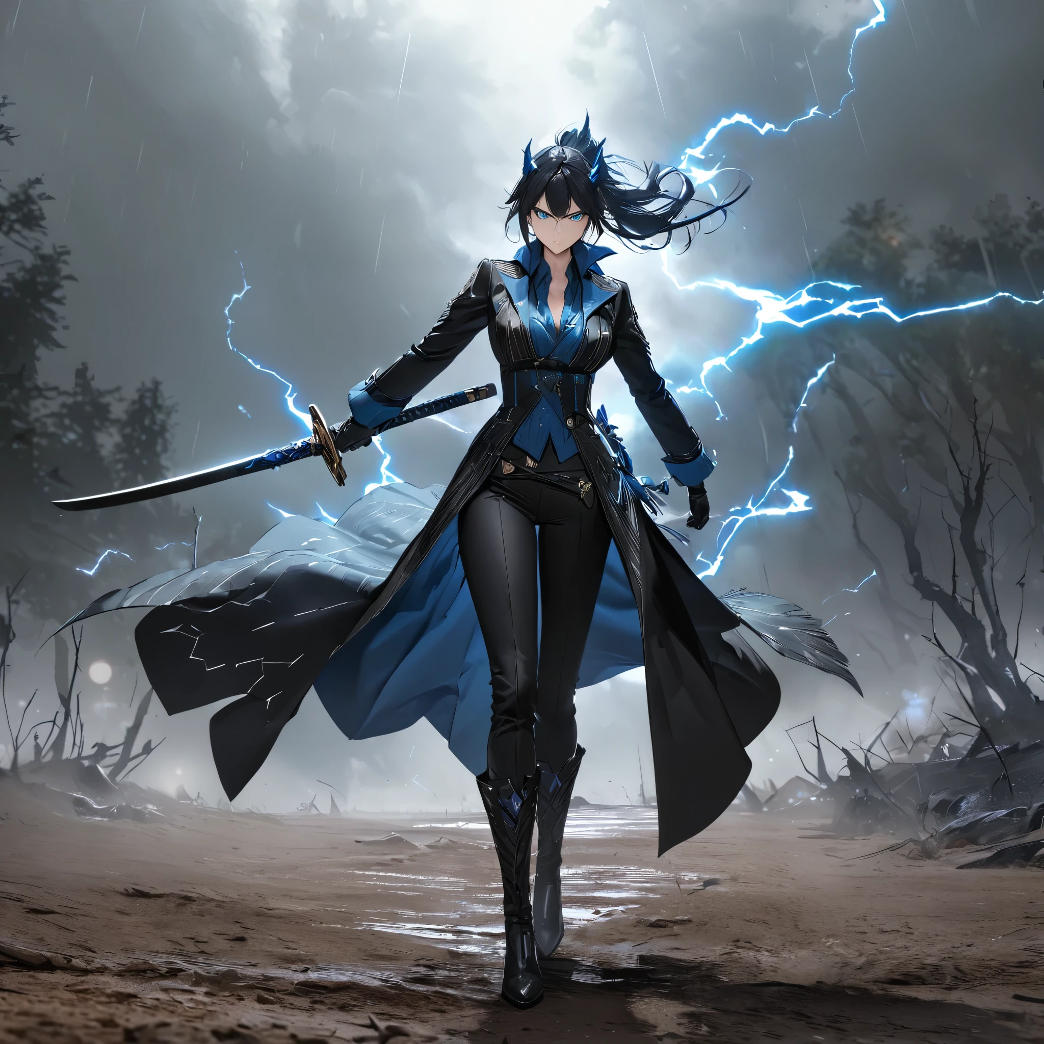 A woman wearing a vergil costume (devil may cry 5), long black coat, teal blue t-shirt inside, black pants, black leather boots, holding a katana without a sheath, full body, serious face, perfect face, perfect eyes, breasts big, long black hair, ponytail hair, teal blue bow in her hair, black gloves, standing, walking on a dirt floor with some trees and a stormy sky, with lightning in the sky.UHD, masterpiece, accurate, anatomically correct, textured skin, super detail, high quality, best quality, 8k, high resolution, bokeh effect. (woman alone)
