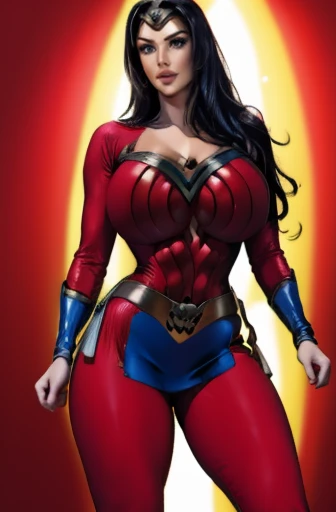 Busty cute italian girl Joana Beltraz, home background, enormous breasts volume, (muscle strong arms and abs and legs), home background, wavy hair, tight superheroine costume and cape