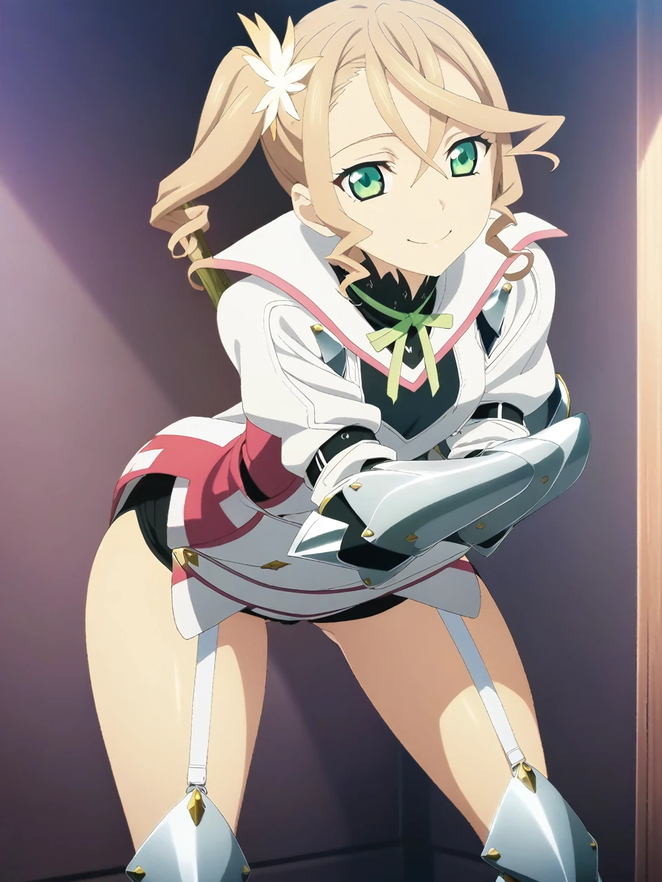 NSFW:1.5,adarmor, Blonde, Side Ponytail, Green Eyes, armor, Neck ribbon, Black shorts, Garter Straps, Gauntlet, gloves, Greaves, One girl, chest wall, Game CG, Anime screenshots, Official Art, masterpiece, Highest quality,A captivating smile,small breasts,stand,((stick out ass:1.3)),(leaning forward:1.3), (hands on knees:1.3)