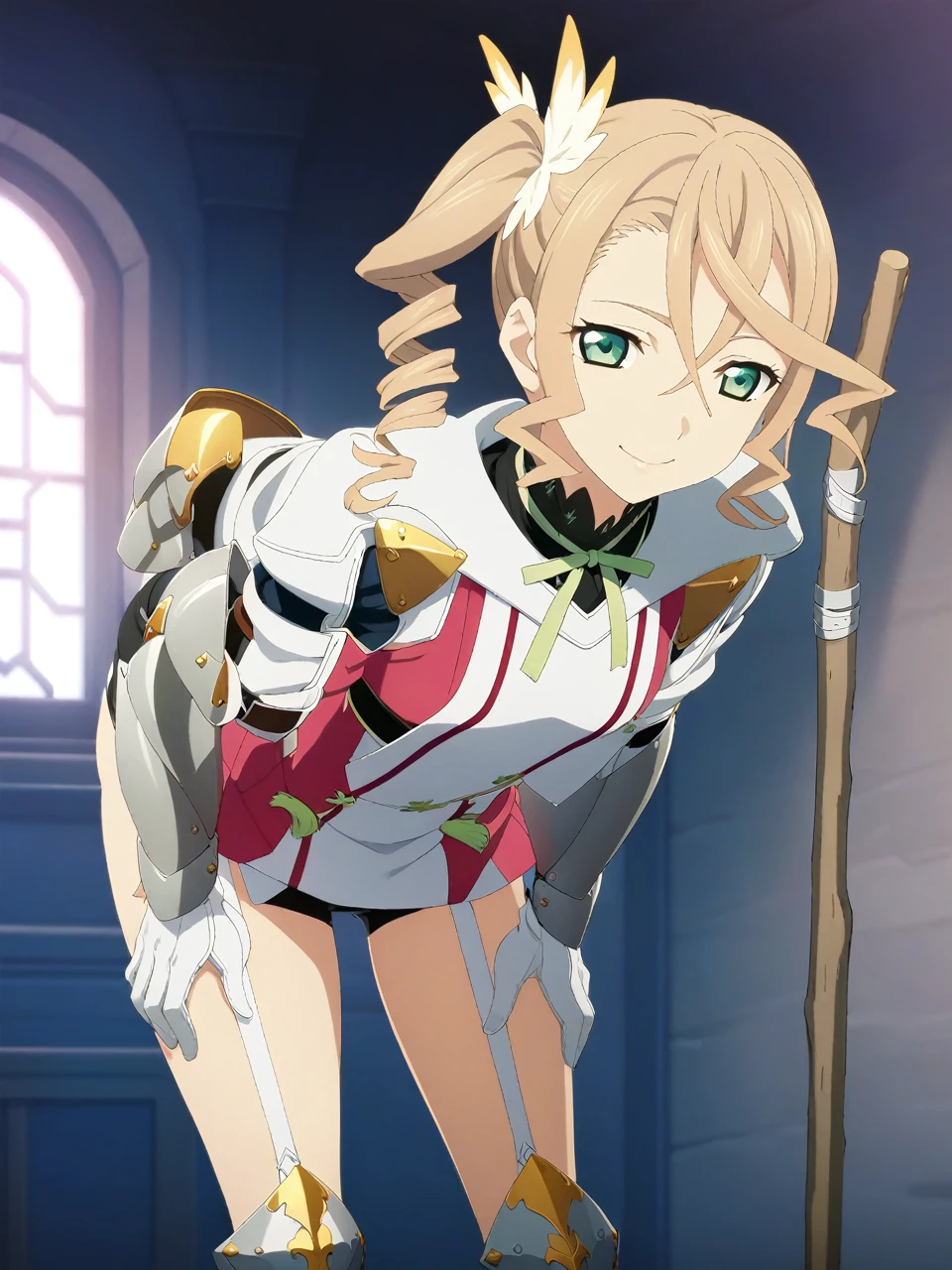 NSFW:1.5,adarmor, Blonde, Side Ponytail, Green Eyes, armor, Neck ribbon, Black shorts, Garter Straps, Gauntlet, gloves, Greaves, One girl, chest wall, Game CG, Anime screenshots, Official Art, masterpiece, Highest quality,A captivating smile,small breasts,stand,((stick out ass:1.3)),(leaning forward:1.3), (hands on knees:1.3)