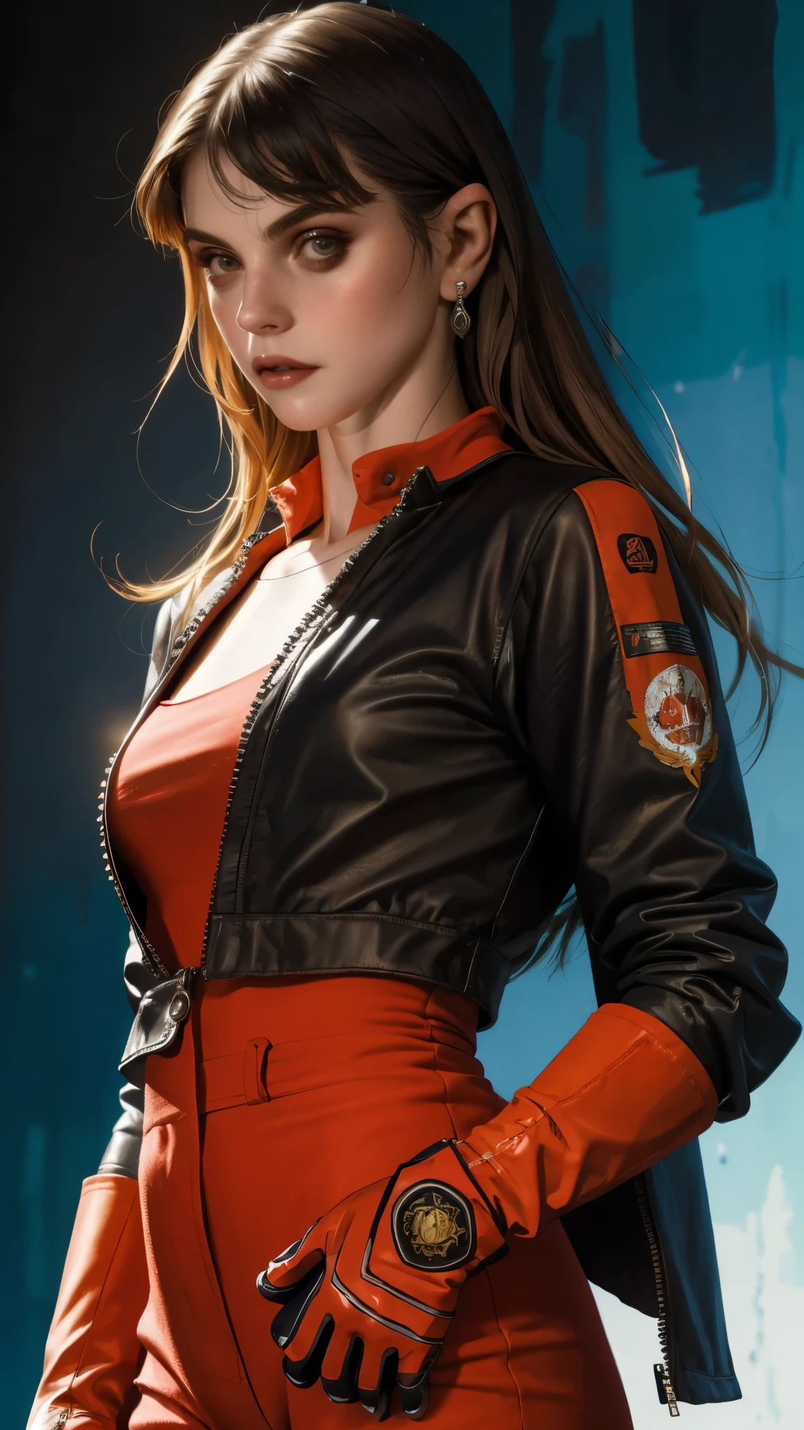 (masterpiece:1.2, best quality:1.2, extremely delicate:1.2), ((Alexandra Daddario:1.2)), a women with flowing black hair, a long side part bangs covers one eye, a resolute face, a trace of loneliness in her firm gaze, a two-piece outfit that combines fantasy and martial arts elements, consisting of a tight-fitting shirt and a jacket, the outfit features twisted flame patterns, with white as the main color and red and blue as secondary colors, wears gloves that also serve as wrist guards, dark pants, boots embellished with metal decorations, this character embodies a finely crafted fantasy martial arts-style female warrior in anime style, exquisite photography, Photo realism, photorealistic, perfect skin, dramatic, high definition, highres, ultra-detailed, ultra-fine painting, professional, perfect body proportions, golden ratio, anatomically correct, symmetrical face, extremely detailed eyes and face, high quality eyes, creativity, RAW photo, UHD, 32k, Natural light, cinematic lighting, (masterpiece-anatomy-perfect:1.2)