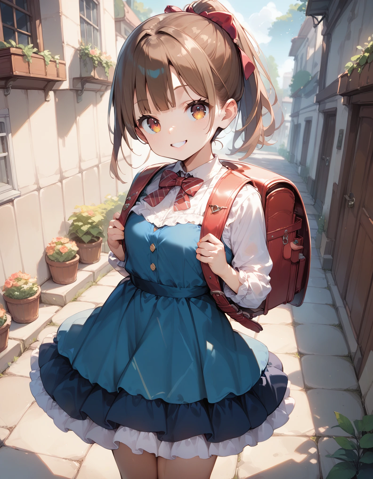 Masterpiece, hd, 1girl, brown hair, ponytail, hair ribbon, wearing cute dress, frilled dress, dress, bowtie, standing, outdoor, smile, wearing randoseru backpack,(randoseru backpack:1.2)