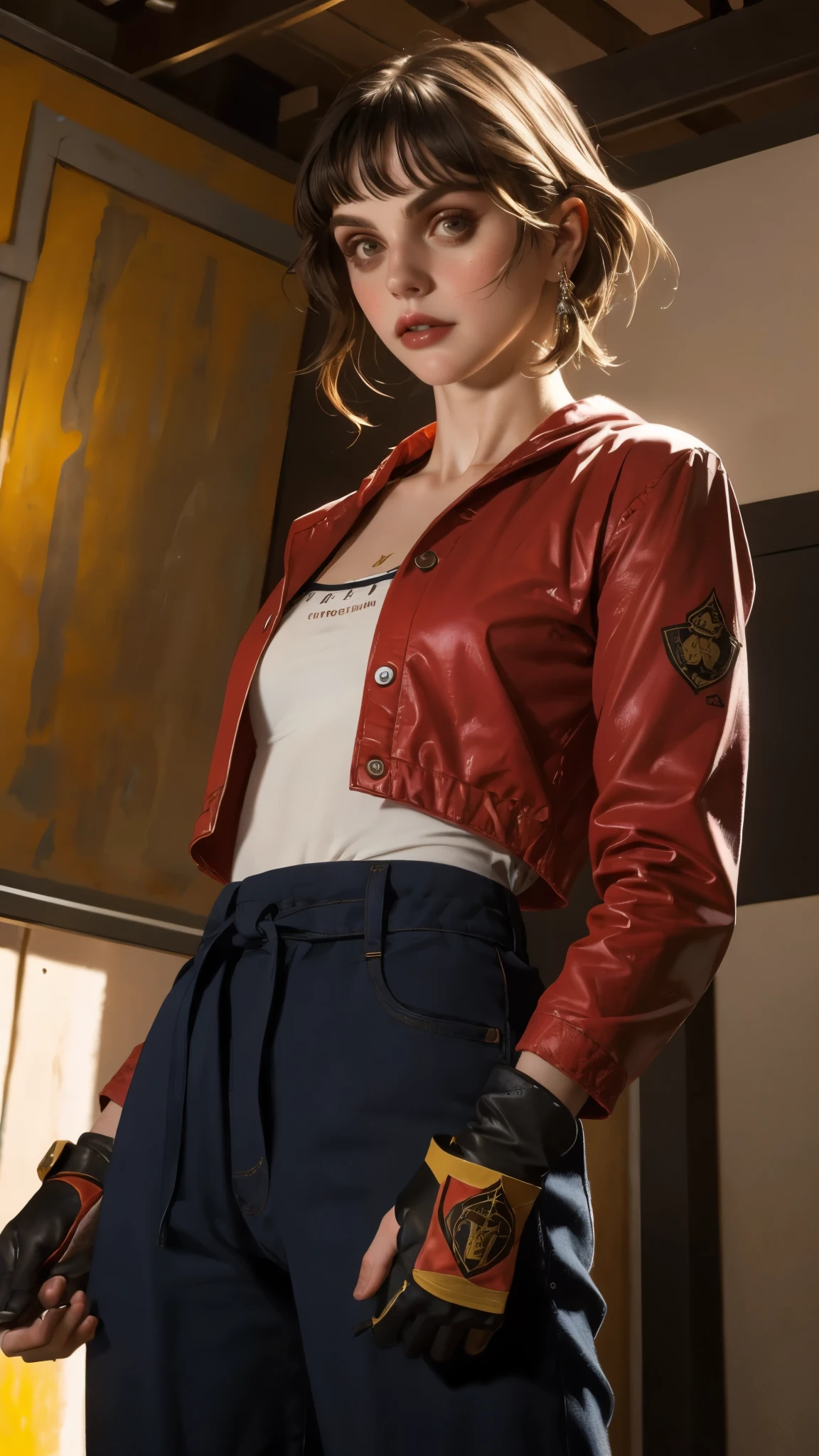 (masterpiece:1.2, best quality:1.2, extremely delicate:1.2), ((Alexandra Daddario:1.2)), a women with flowing black hair, a long side part bangs covers one eye, a resolute face, a trace of loneliness in her firm gaze, a two-piece outfit that combines fantasy and martial arts elements, consisting of a tight-fitting shirt and a jacket, the outfit features twisted flame patterns, with white as the main color and red and blue as secondary colors, wears gloves that also serve as wrist guards, dark pants, boots embellished with metal decorations, this character embodies a finely crafted fantasy martial arts-style female warrior in anime style, exquisite photography, Photo realism, photorealistic, perfect skin, dramatic, high definition, highres, ultra-detailed, ultra-fine painting, professional, perfect body proportions, golden ratio, anatomically correct, symmetrical face, extremely detailed eyes and face, high quality eyes, creativity, RAW photo, UHD, 32k, Natural light, cinematic lighting, (masterpiece-anatomy-perfect:1.2)