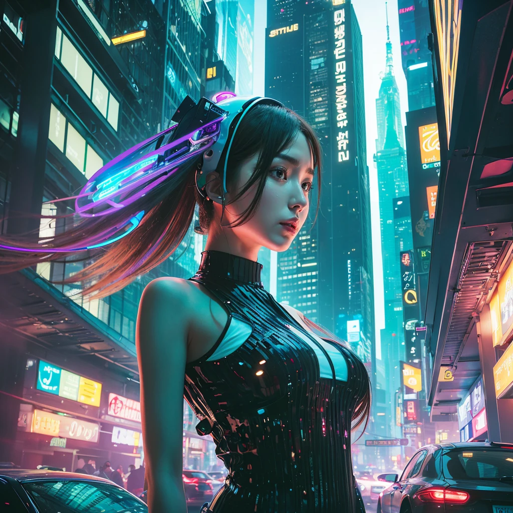 In a bustling futuristic cityscape, amidst holographic billboards and neon lights, stands an AI girl named Aria. With flowing digital strands of hair and eyes that sparkle like LED lights, she navigates the streets in a shimmering short dress, her every movement a symphony of grace and elegance."