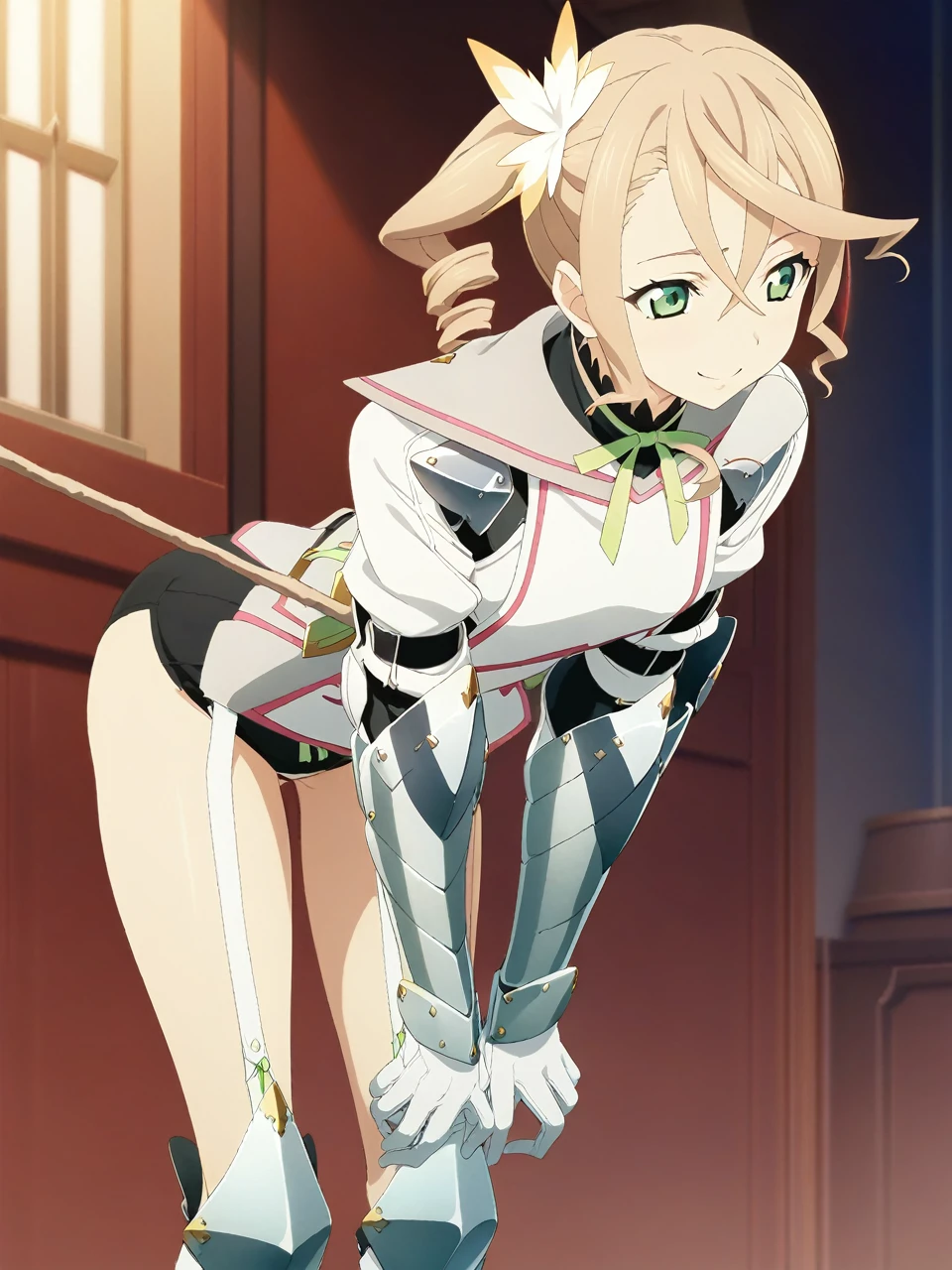 NSFW:1.5,adarmor, Blonde, Side Ponytail, Green Eyes, armor, Neck ribbon, Black shorts, Garter Straps, Gauntlet, gloves, Greaves, One girl, chest wall, Game CG, Anime screenshots, Official Art, masterpiece, Highest quality,A captivating smile,small breasts,stand,((stick out ass:1.3)),(leaning forward:1.3), (hands on knees:1.3)