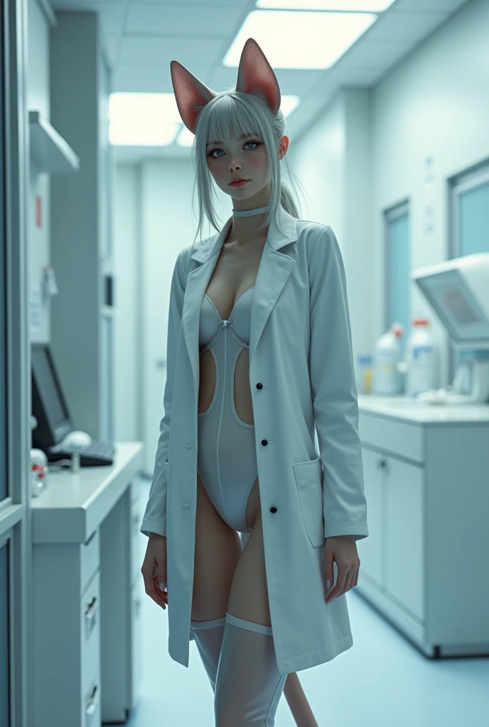 Scientist(open white coat)(glasses)(notepad)(blue croptop)(red thong), in the lab(destroyed)(steam rising), creepy figures rise in the background