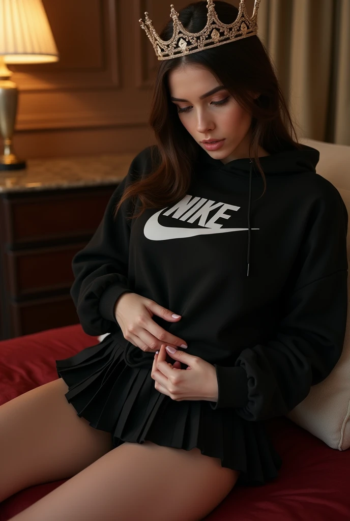 she wear a oversize shirt of the german football team which reaches up to his legs, she is at home in his couch, she has no stockings