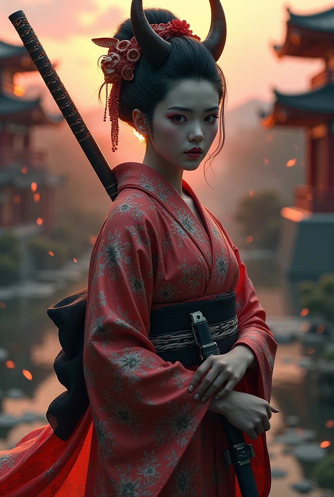 Low - Angle, From below, A goddess in kimono , Large Breasts, Shiny black hair, Law sword, Feather, Wide Hips, barefoot,, shrine, night, ponytail, sexy, Eye focus, Temple interior, Decorations, skyline, night, particle, chromatic aberration, detailed, Cinematic, Dark Scene, Fantasy