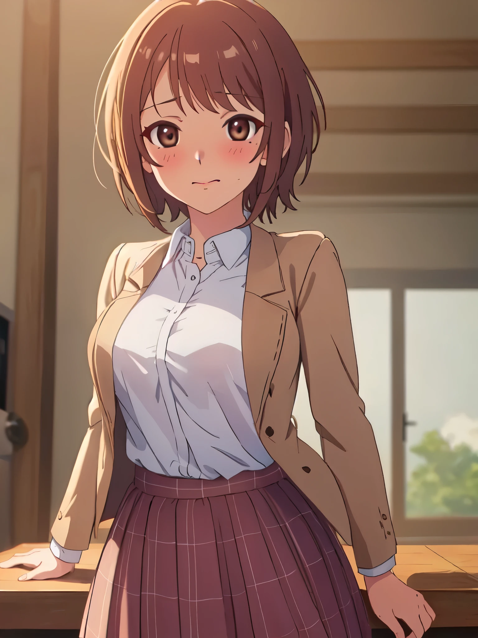 (((masterpiece、Highest quality、High resolution、High precision)、anime))、Brown Hair、Beautiful breasts、(Dynamic pose)、looking at the camera、(Beautiful detailed face、Beautiful big eyes)、((One beautiful woman))、((Embarrassed face))、Red cheeks、(((Blushing with a bitchy expression)))、Standing in the school gym、Light from below、Brown eyes、Short Hair、Small breasts、Solo portrayal、wear a waist-length brown blazer、Wear a short checked skirt、Smile and laugh、((A mole under the left lip))、Open clothes、See-through shirt、Open chest