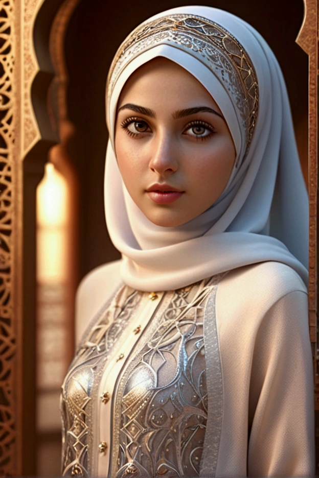 masterpiece, very realistic.super graphics.very masterpiece, very realistic.super graphics.very detailed. super beautiful, cute girl, whole body covered (hijab). beautiful shining eyes, wearing a closed dress arabic style wallpaper hd.3d