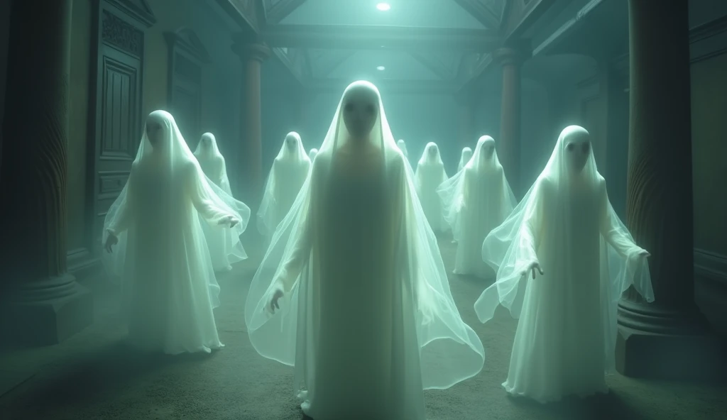 make an illustration of a haunted house basement, spirits inhabit and the supernatural has taken over, make it with an ultra-realistic tone, rich in details