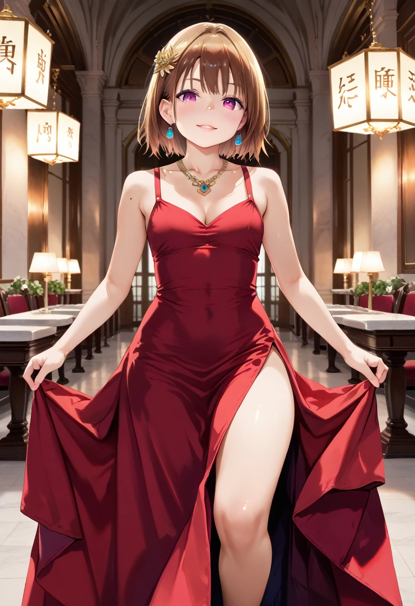 (1girl),(single),shoko Ieiri,masterpiece,best quality,high resolution,ultra detailed,brown eyes,(mole under eye: 0.8),short hair,brown hair,swept bangs,dynamic pose,body curvy, cowboy shot, detailed bottom, detailed eyes, young girl, (bare shoulders:1.3), (red Chinese dress:1.4), (Chinese clothing), (short dress:1.3), ((neckline:1.3)), ((side breasts)),(bare legs), thighs, hands on hips, (furrowed eyebrow: 1.2), ,(blush:1.2),(embarrassment:1.4),medium breasts, narrow waist, wide hips, medium thighs ,round butt,(1girl),(alone),standing,at ((interior, Casino, coin slot machines,lights,leaning on poker table), looking back,from behind,((focus on butt)) ,pov (from below),perfect anatomy, perfect hands,perfect fingers