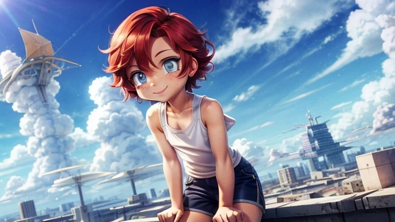  flying in the sky，１people々,Futuristic Building,Flying Airship,blue sky,Flowing Clouds,Be on the roof,Looking up at the sky in the distance,short hair,Shortcuts,Red Hair Color,blue eyes,,boyish,アジアpeople々,smile,Primary school students,Sunburned skin,Are thin,freckles,White shorts,White tank top,Red jacket,High Angle,