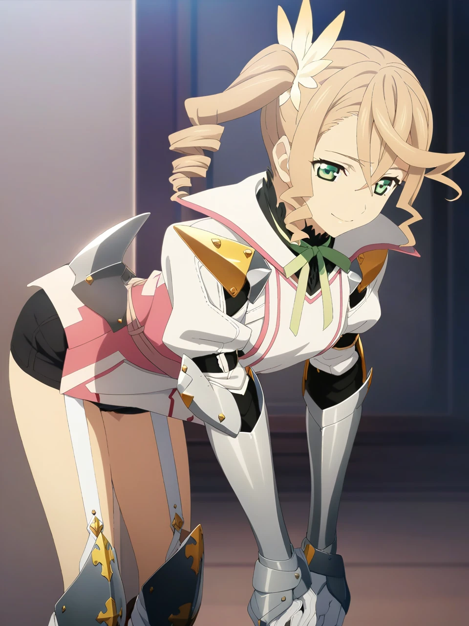 NSFW:1.5,adarmor, Blonde, Side Ponytail, Green Eyes, armor, Neck ribbon, Black shorts, Garter Straps, Gauntlet, gloves, Greaves, One girl, chest wall, Game CG, Anime screenshots, Official Art, masterpiece, Highest quality,A captivating smile,small breasts,stand,(leaning forward:1.3), (hands on knees:1.3)