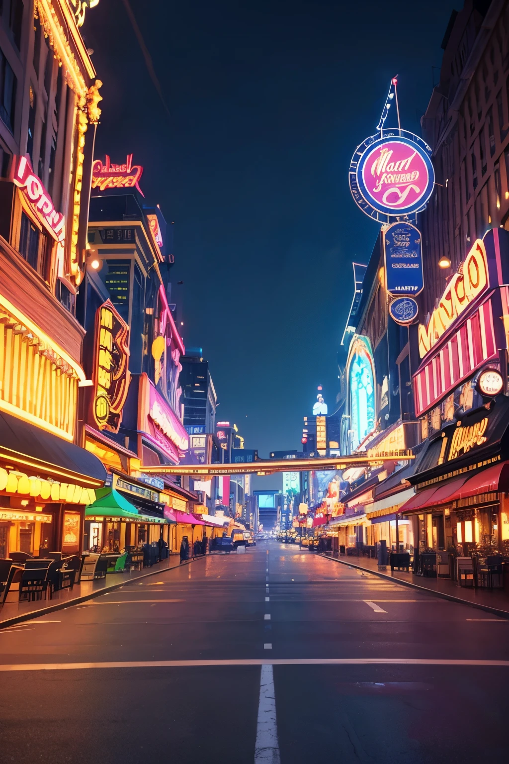 The streets at night are lined with two rows of magnificent casinos.,Brightly lit streets and casinos， Street View Casino, Street View HD quality，Skylight，High-quality posters，8k，