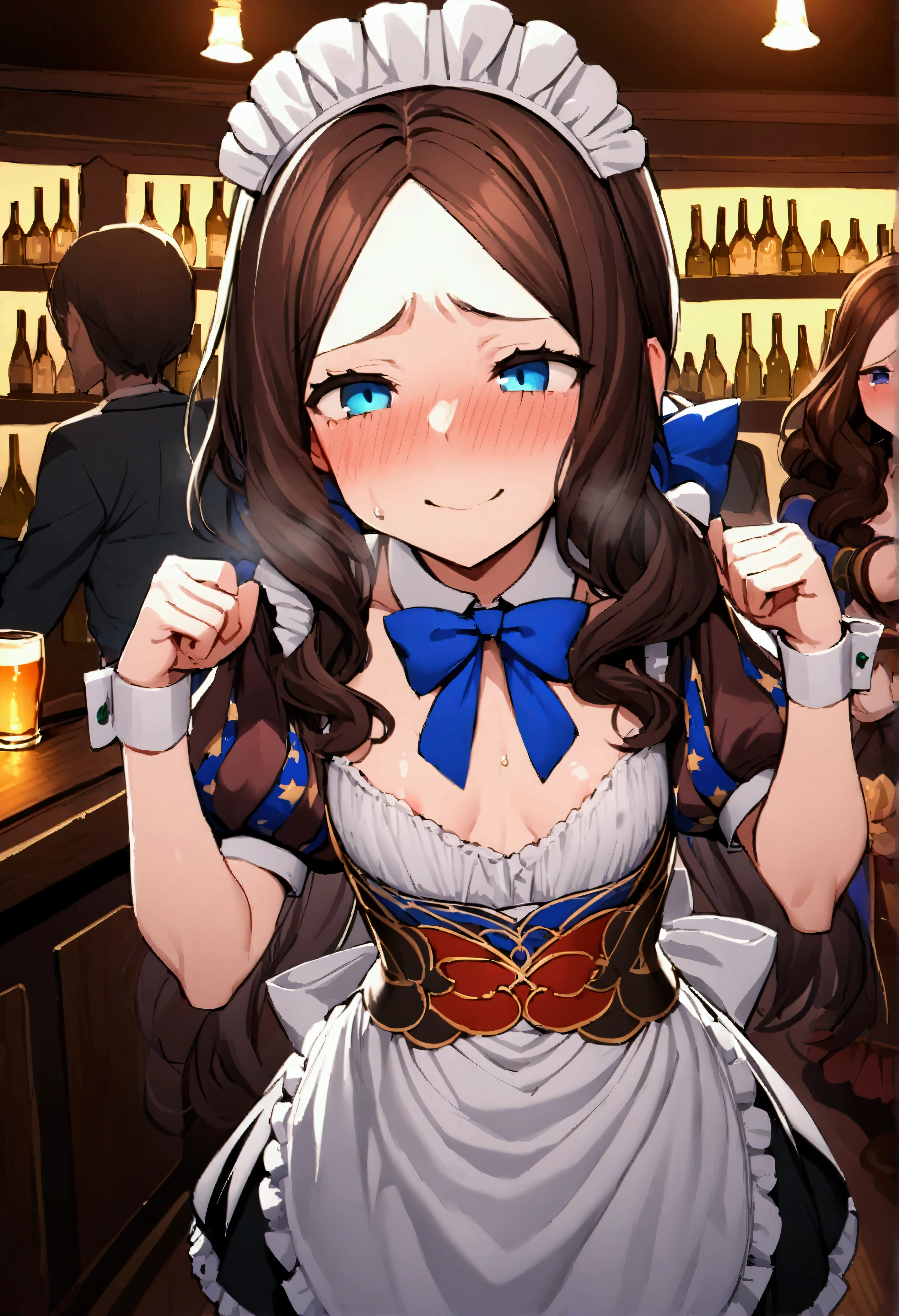 NSFW,masterpiece,Highest quality,High resolution,Very detailed,Leonardo da Vinci\(Fate/grandorder\),blue eyes,Long Hair,Brown Hair,Side Lock,Low Ponytail,ribbon,Short sleeve,Wrist cuff,maid,apron,Headdress, Black knee socks,Small breasts,Bewitching Smile,Embarrassed,Nightlife,pub,(Being molested)