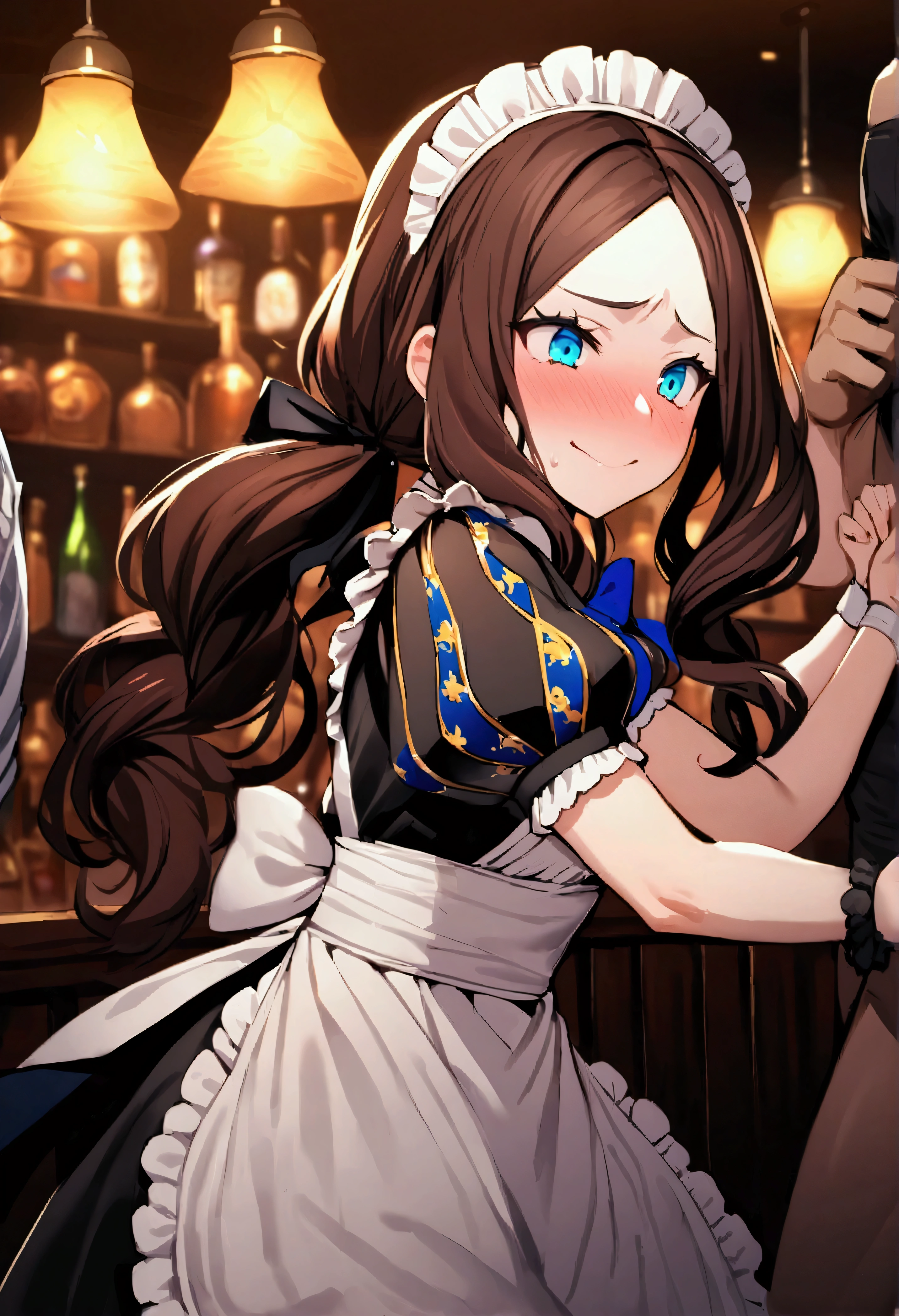 NSFW,masterpiece,Highest quality,High resolution,Very detailed,Leonardo da Vinci\(Fate/grandorder\),blue eyes,Long Hair,Brown Hair,Side Lock,Low Ponytail,ribbon,Short sleeve,Wrist cuff,maid,apron,Headdress, Black knee socks,Small breasts,Bewitching Smile,Embarrassed,Nightlife,pub,(Being molested)