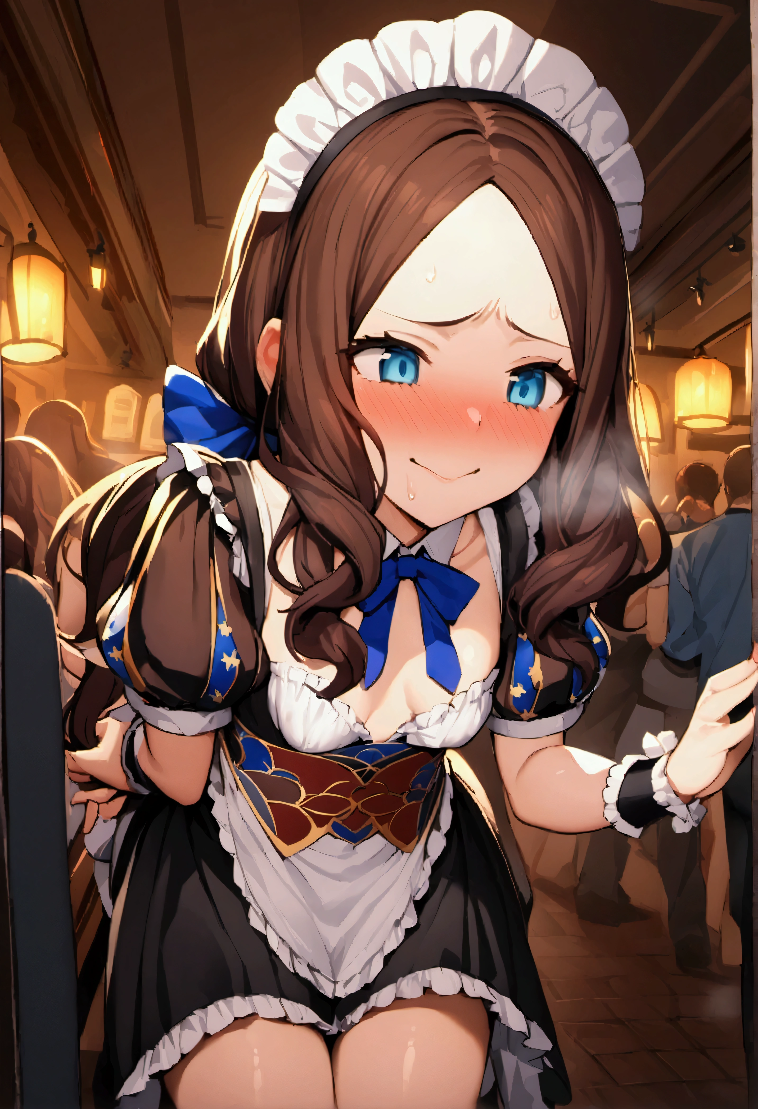 NSFW,masterpiece,Highest quality,High resolution,Very detailed,Leonardo da Vinci\(Fate/grandorder\),blue eyes,Long Hair,Brown Hair,Side Lock,Low Ponytail,ribbon,Short sleeve,Wrist cuff,maid,apron,Headdress, Black knee socks,Small breasts,Bewitching Smile,Embarrassed,Nightlife,pub,(Being molested)