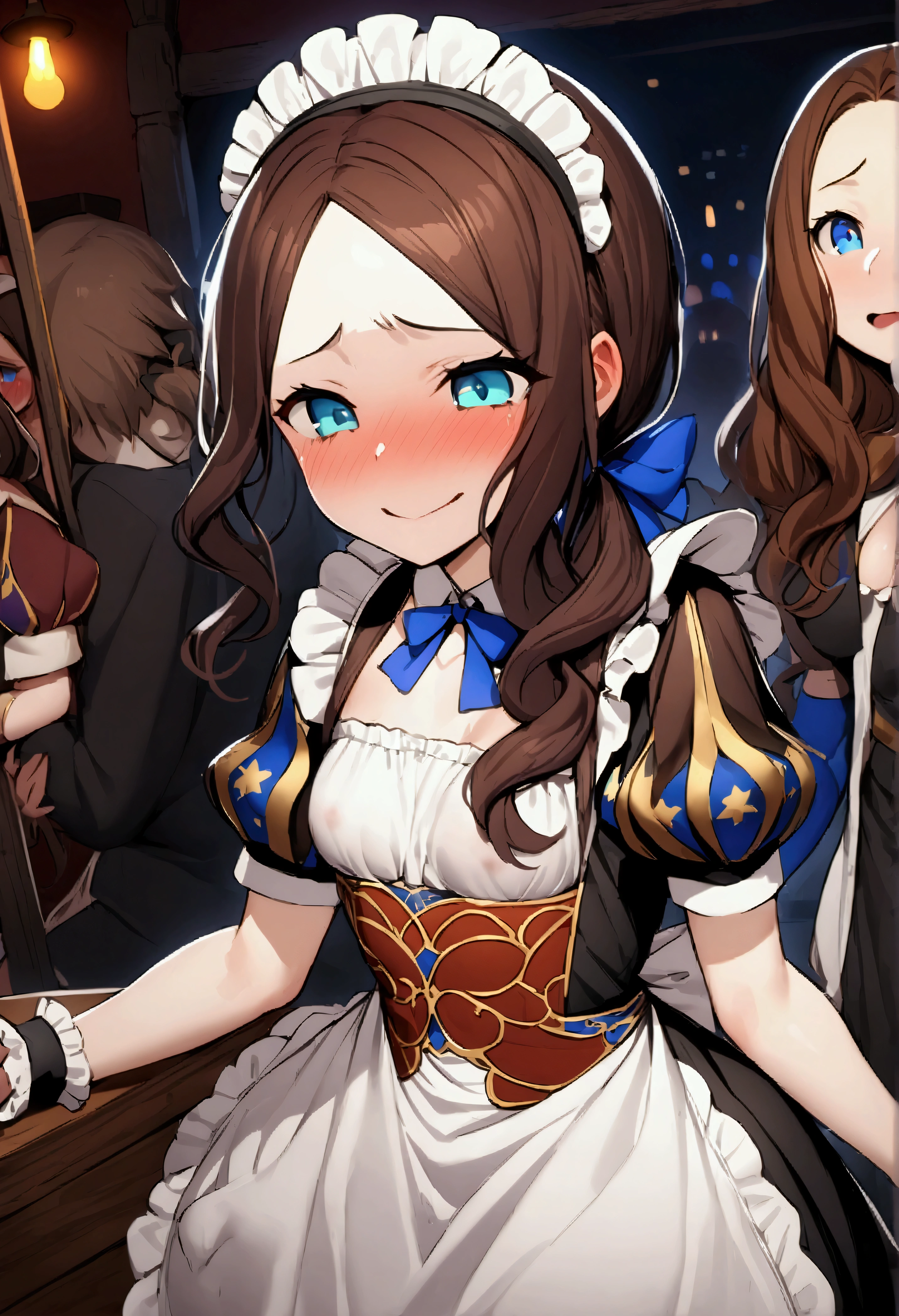 NSFW,masterpiece,Highest quality,High resolution,Very detailed,Leonardo da Vinci\(Fate/grandorder\),blue eyes,Long Hair,Brown Hair,Side Lock,Low Ponytail,ribbon,Short sleeve,Wrist cuff,maid,apron,Headdress, Black knee socks,Small breasts,Bewitching Smile,Embarrassed,Nightlife,pub,(Being molested)