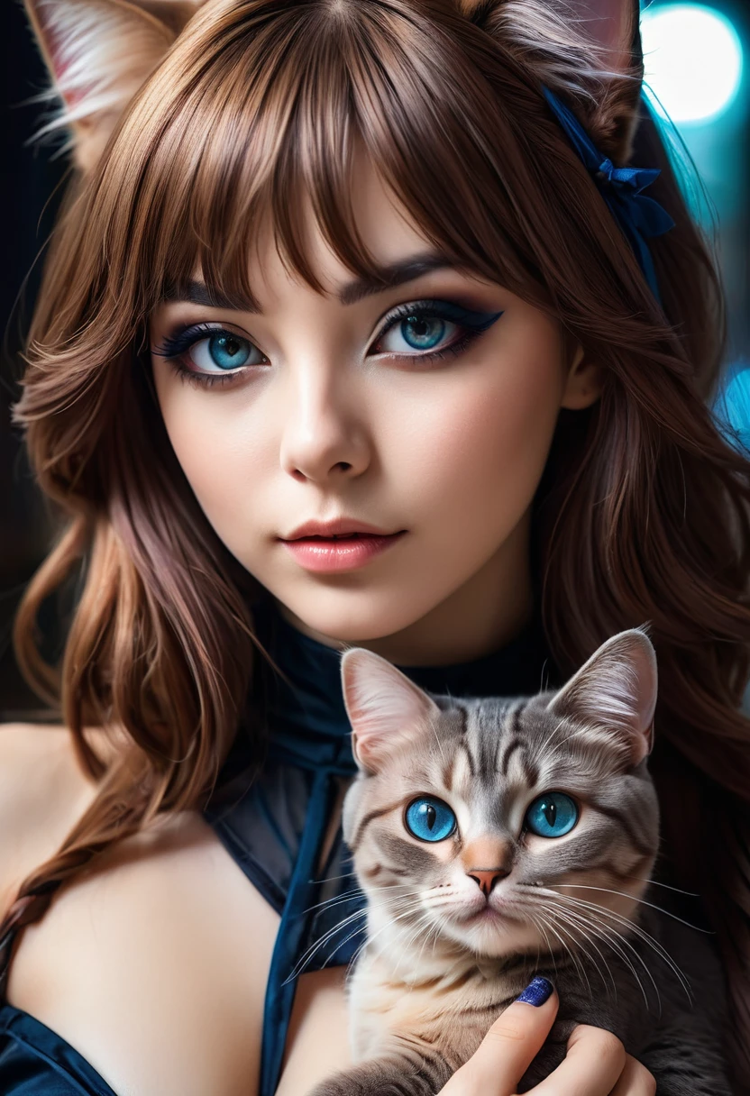 portrait, beautiful woman with cat makeup and cosplay, striking eyes, glossy silky hair, amorous and lewd expression, perfect proportions, kawaii, delicate and dynamic textures, contrasts of light and shadow, 2.5D, artistic photography, hyper realistic, ultra detailed, absolutely resolution, best quality