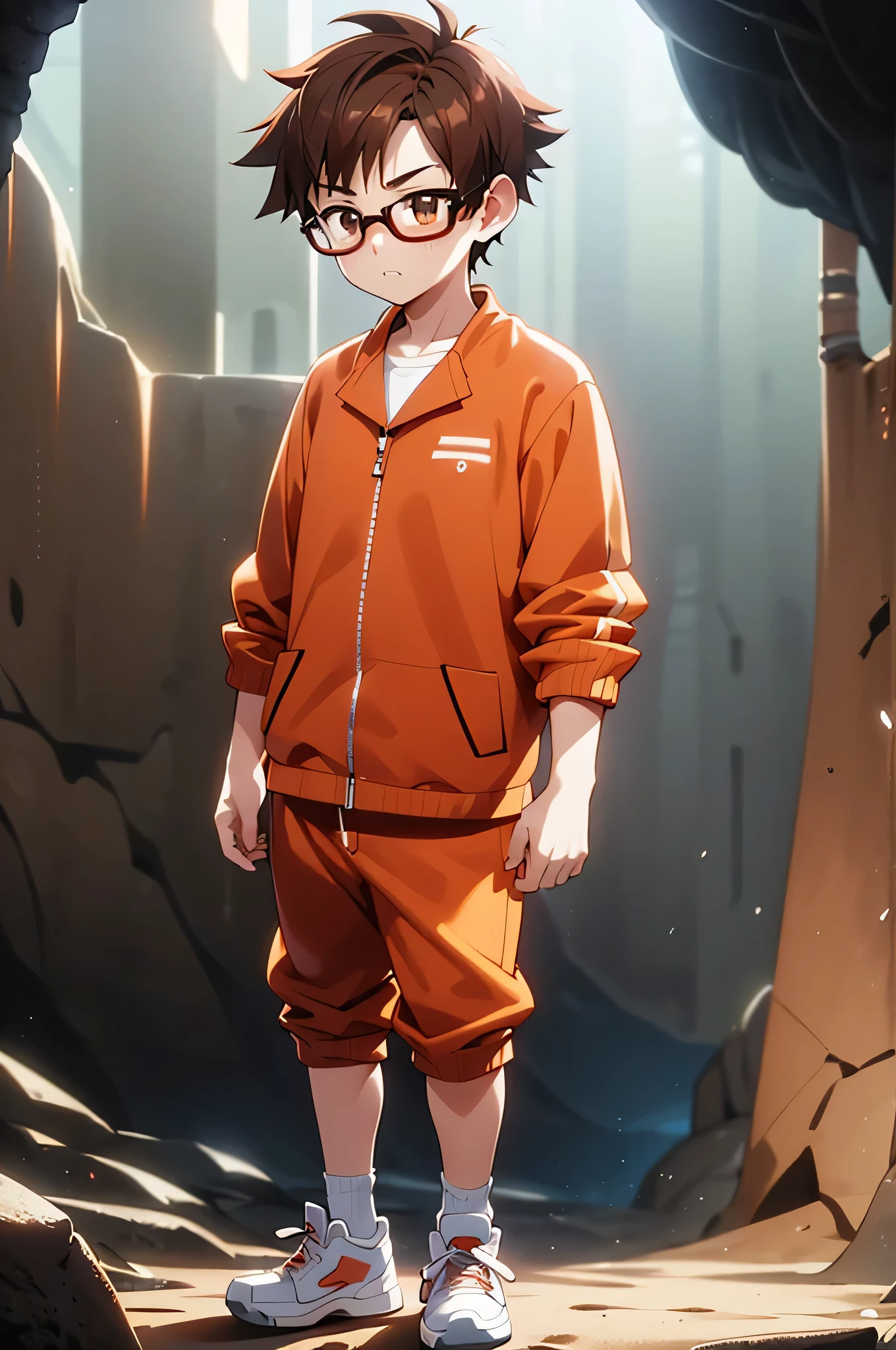 最high quality, high quality, boy、 , alone、、 、 Brown Hair,Asymmetrical bangs、orange shirt、Navy blue jacket、White trousers、sneakers、Red glasses、Ultra Instinct Effect、Pale aura、 Brown eyes, Surprised face、Dark underground cave background