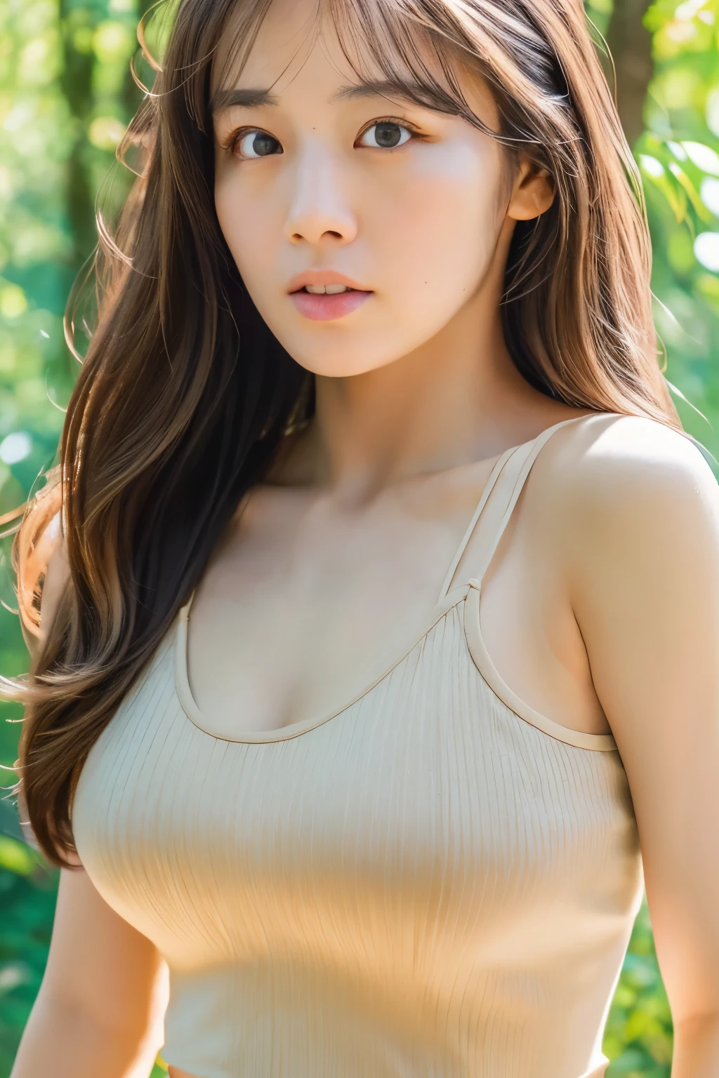 (dense woods: 1), the golden hour, Light brown eyes, Skinny Japanese woman, 1 woman, Light clothing, (Photorealistic), (Complex Detail: 1.2), (masterpiece, :1.3), (high quality: 1.4), (Ultra High Resolution: 1.2), (detailed eyes), (detailed facial features), Strong sunlight, 8K, (Lens Flare: 0.7), turned around, Feminine pose, Upper body, Tight waistline