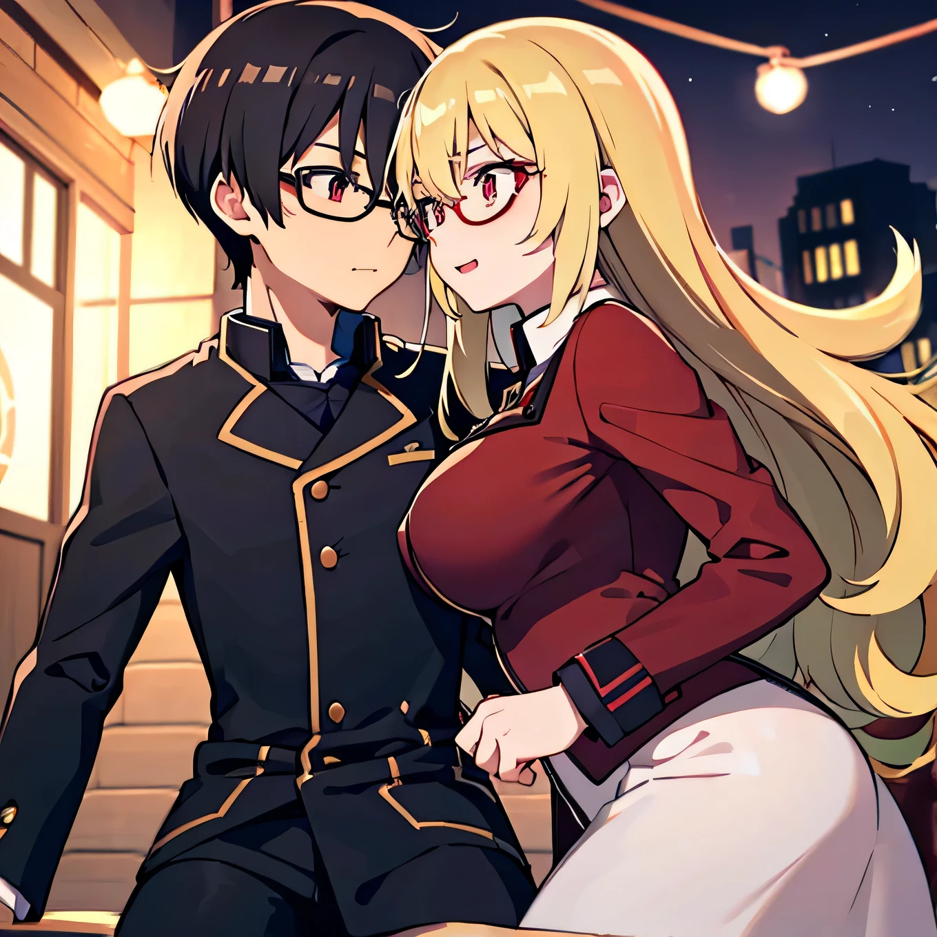 1 boy with black hair, Red jacket and glasses romantically kissing a girl with blonde hair, big breasts and red eyes. With a white miniskirt, city at night in the background., True love, blushing cheeks, high quality 