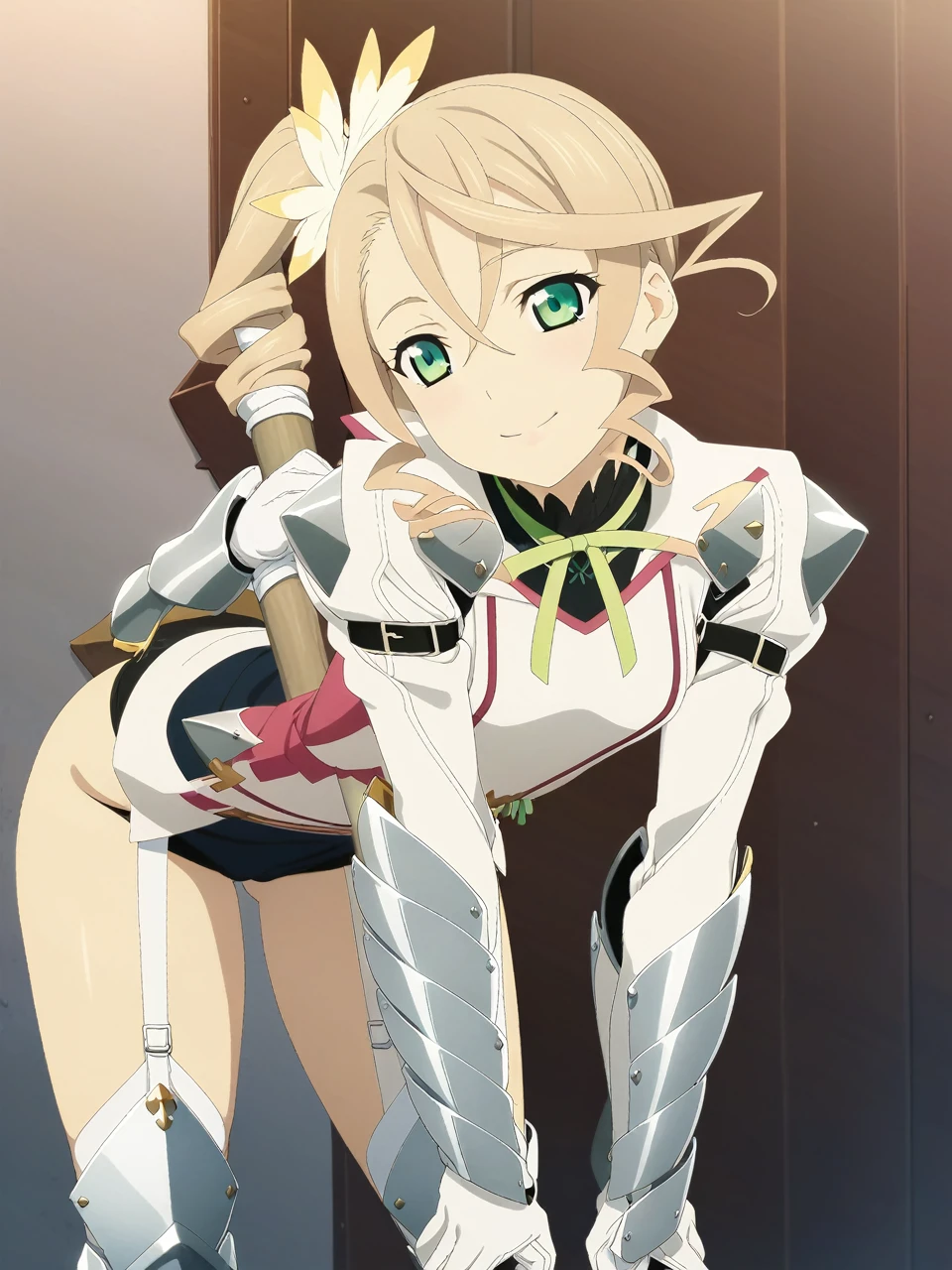 NSFW:1.5,adarmor, Blonde, Side Ponytail, Green Eyes, armor, Neck ribbon, Black shorts, Garter Straps, Gauntlet, gloves, Greaves, One girl, chest wall, Game CG, Anime screenshots, Official Art, masterpiece, Highest quality,A captivating smile,small breasts,stand,((stick out ass:1.3)),(leaning forward:1.3), (hands on knees:1.3)