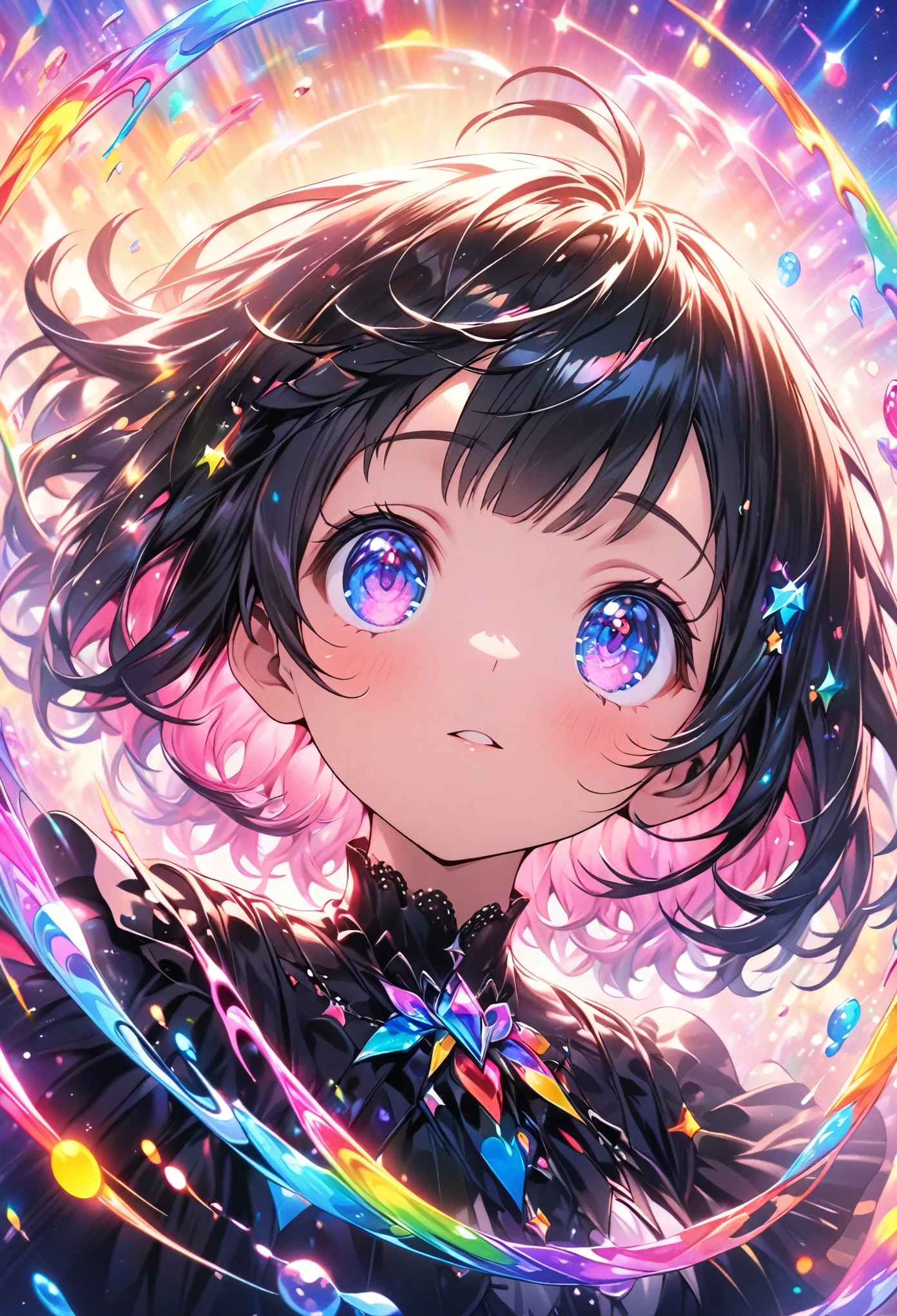 Masterpiece, highest quality, highly detailed CG Unity 8k wallpaper, A cute anime girl surrounded by sparkling rainbow bubbles, looking up at the sky with short hair and bangs, wearing black , in an enchanting cartoon style, with detailed details of her face and outfit. The background is filled with colorful glittery sparkles, creating a magical atmosphere. This image has high resolution and quality, with a close-up shot that highlights her serene expression against the vibrant backdrop., focus on eyes