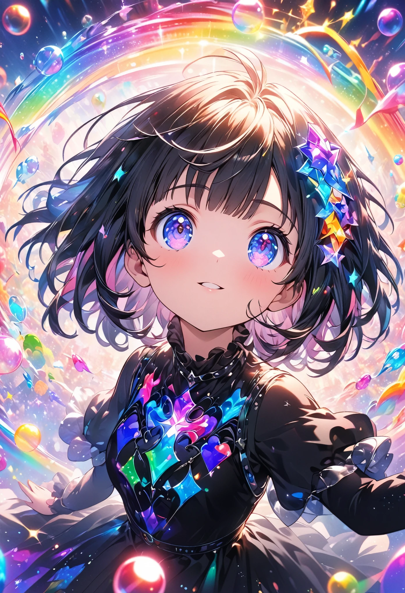 Masterpiece, highest quality, highly detailed CG Unity 8k wallpaper, A cute anime girl surrounded by sparkling rainbow bubbles, looking up at the sky with short hair and bangs, wearing black , in an enchanting cartoon style, with detailed details of her face and outfit. The background is filled with colorful glittery sparkles, creating a magical atmosphere. This image has high resolution and quality, with a close-up shot that highlights her serene expression against the vibrant backdrop., focus on eyes