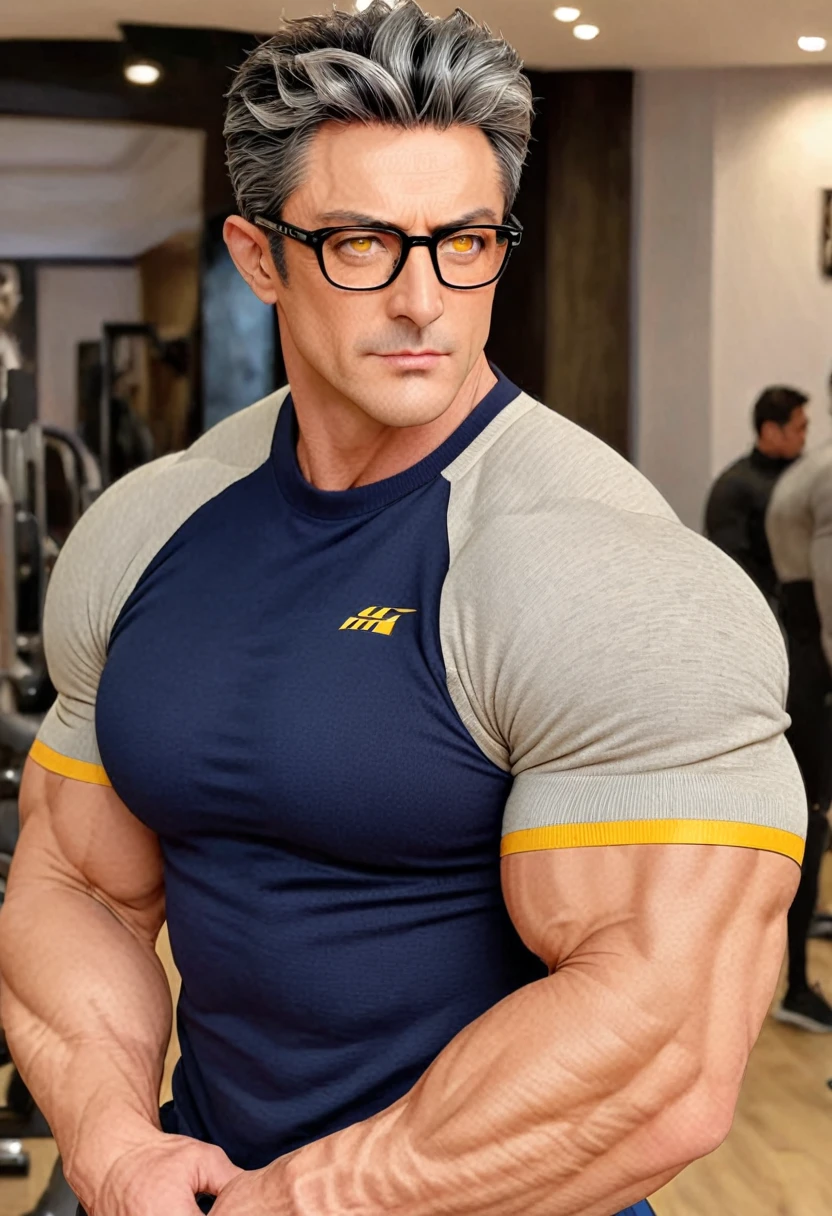 1man, middle aged, 53 y.o, handsome, black hair with white graying edges, quiff sides and tape hairstyle, yellow eyes, prominent muscular bodyshape, BODYBUILDER BODYSHAPED, dark blue sweater, beige jacket, glasses, closer distance face against me, looking viewers, hd, high quality, 9k resolution