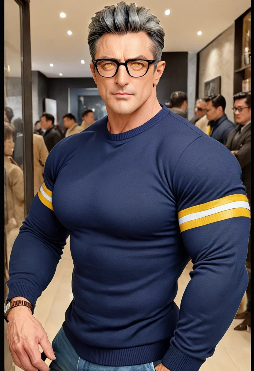 1man, middle aged, 53 y.o, handsome, black hair with white graying edges, quiff sides and tape hairstyle, yellow eyes, prominent muscular bodyshape, BODYBUILDER BODYSHAPED, dark blue sweater, beige jacket, glasses, closer distance face against me, looking viewers, hd, high quality, 9k resolution