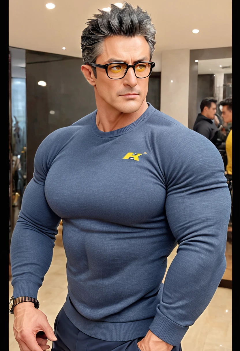 1man, middle aged, 53 y.o, handsome, black hair with white graying edges, quiff sides and tape hairstyle, yellow eyes, prominent muscular bodyshape, BODYBUILDER BODYSHAPED, dark blue sweater, beige jacket, glasses, closer distance face against me, looking viewers, hd, high quality, 9k resolution