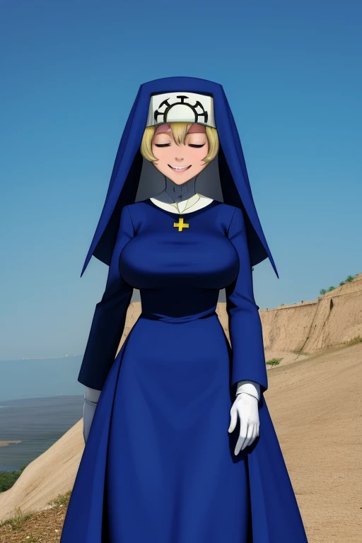 Double, short blonde hair, nun uniform, medium breasts, solo, 1girl, smiling, cowboy shot, closed eyes, blue habit, cross necklace ,white gloves, long sleeves, nun, long skirt, skirt on ground