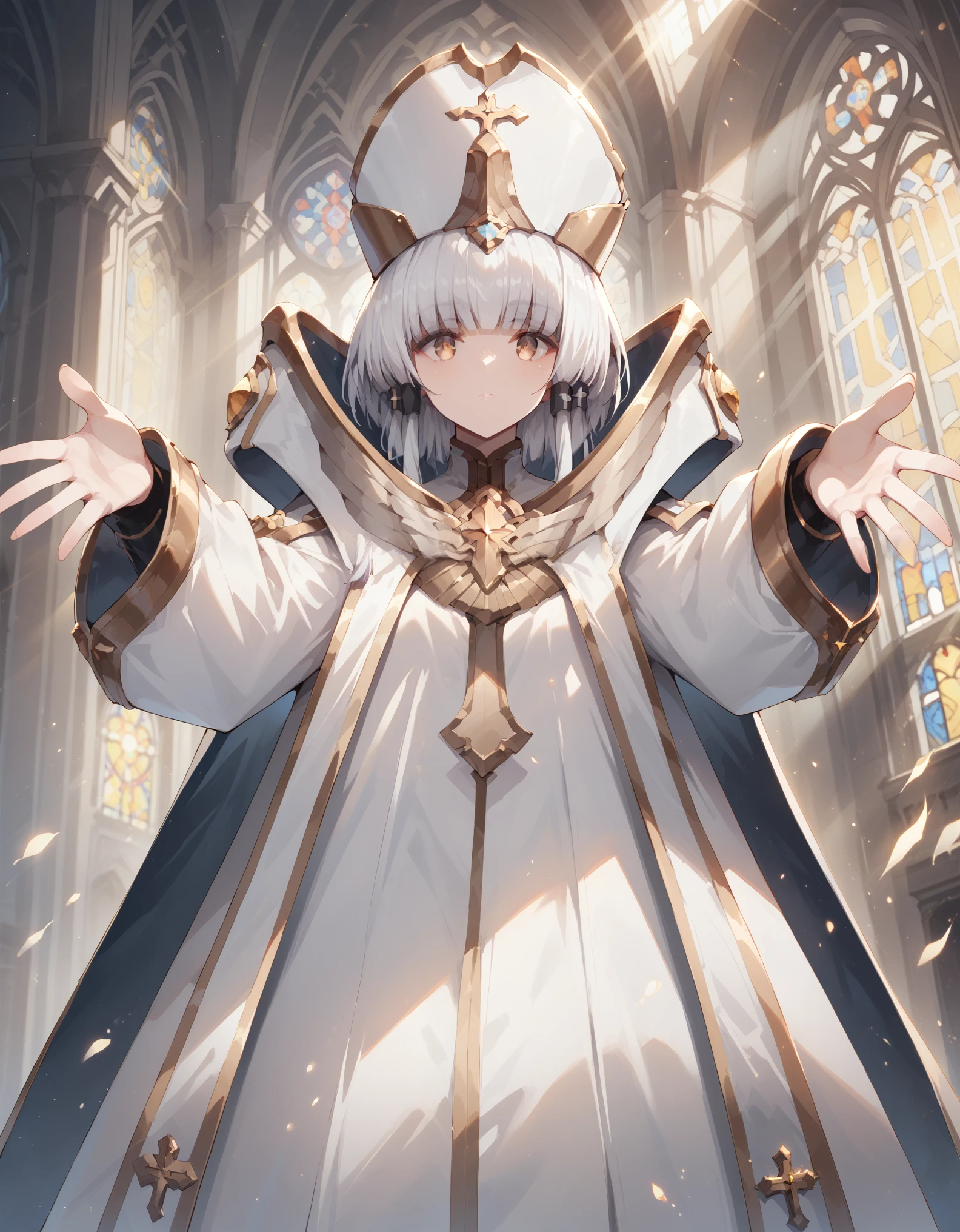 core_9, score_8_up, score_7_up, source_anime, 1girl, solo, looking at viewer, indoors, church, from below, outstretched arms, arcana, white hair, gold eyes, blunt bangs, hair tubes, short hair, long locks, white headwear, cape, white sleeves, long sleeves, cross, jewelry, forehead jewel, rays of light fall from above, giving the painting an atmosphere of divinity, full body, a little bit more mouth, big expressive mounth, all fingers are visible, bare walls