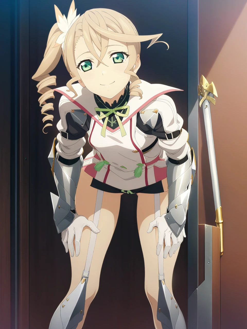 NSFW:1.5,adarmor, Blonde, Side Ponytail, Green Eyes, armor, Neck ribbon, Black shorts, Garter Straps, Gauntlet, gloves, Greaves, One girl, chest wall, Game CG, Anime screenshots, Official Art, masterpiece, Highest quality,A captivating smile,small breasts,stand,(stick out ass:1.1),(leaning forward:1.3), (hands on knees:1.3)