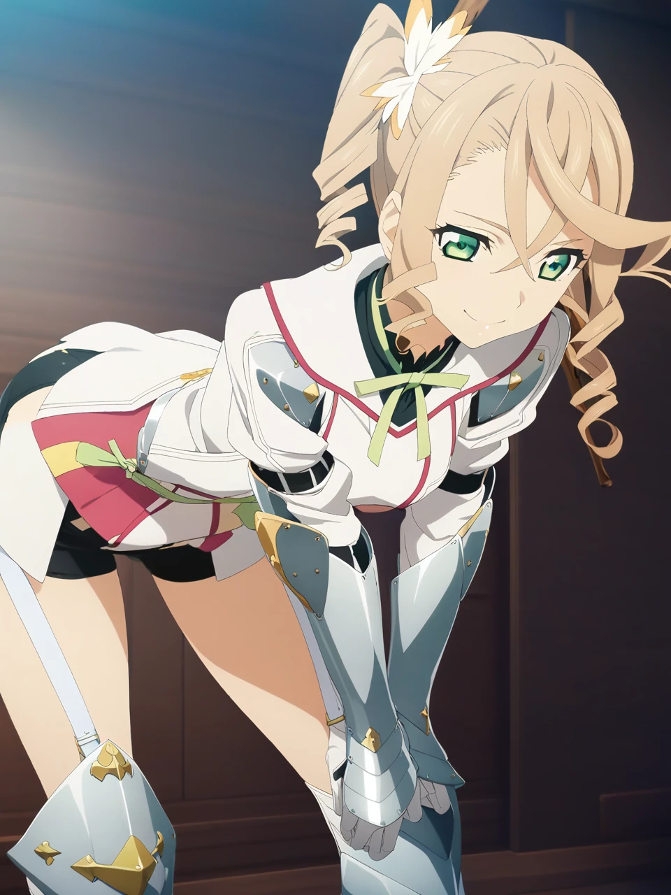 NSFW:1.5,adarmor, Blonde, Side Ponytail, Green Eyes, armor, Neck ribbon, Black shorts, Garter Straps, Gauntlet, gloves, Greaves, One girl, chest wall, Game CG, Anime screenshots, Official Art, masterpiece, Highest quality,A captivating smile,small breasts,stand,(stick out ass:1.1),(leaning forward:1.3), (hands on knees:1.3)